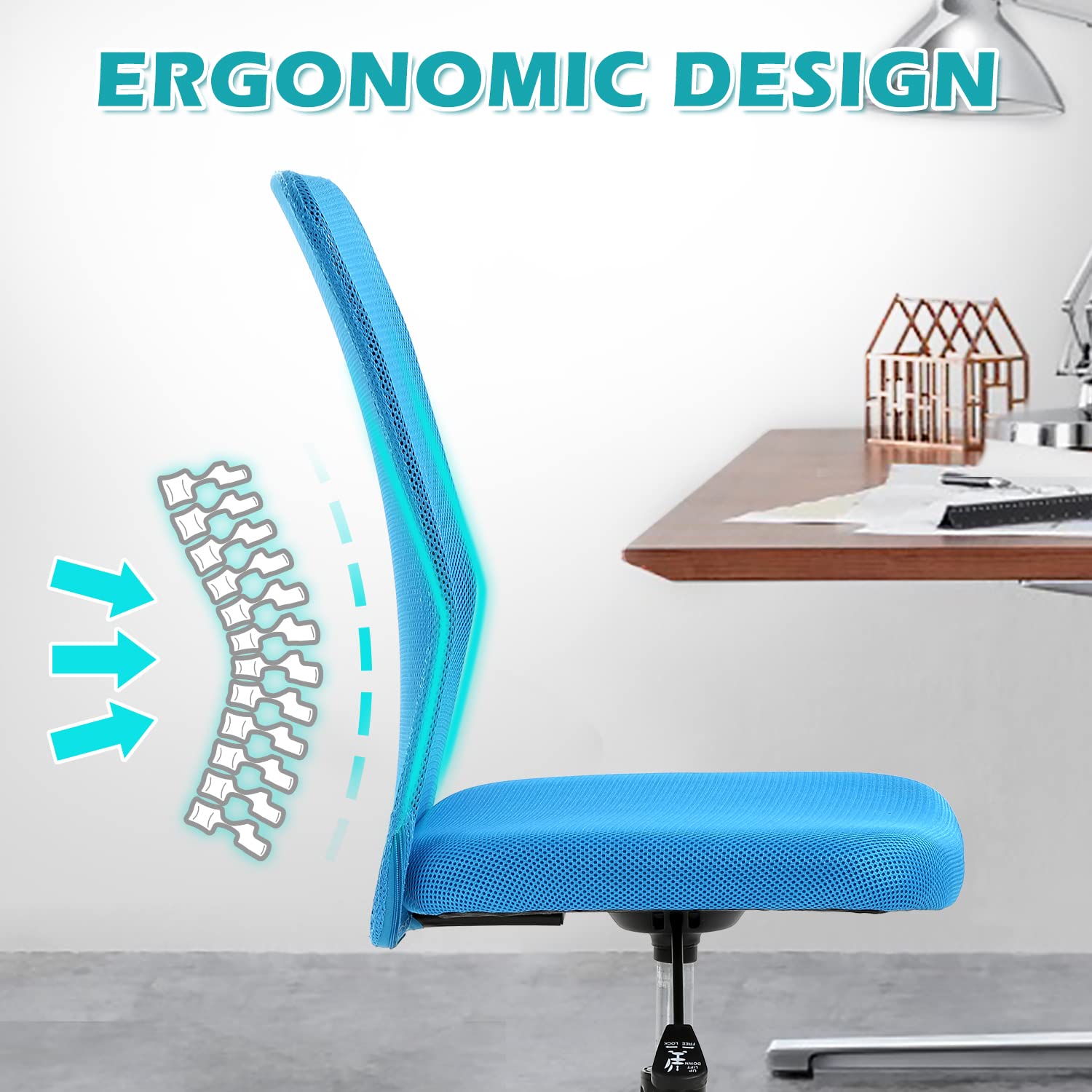 Ergonomic Armless Rolling Office Chair - Small Swivel Desk Chair with Wheels for Home Office, Computer Work, Sewing & Task Chairs - Comfortable Blue Stool for Adults (Ideal for Small Spaces & Compact Workstations)