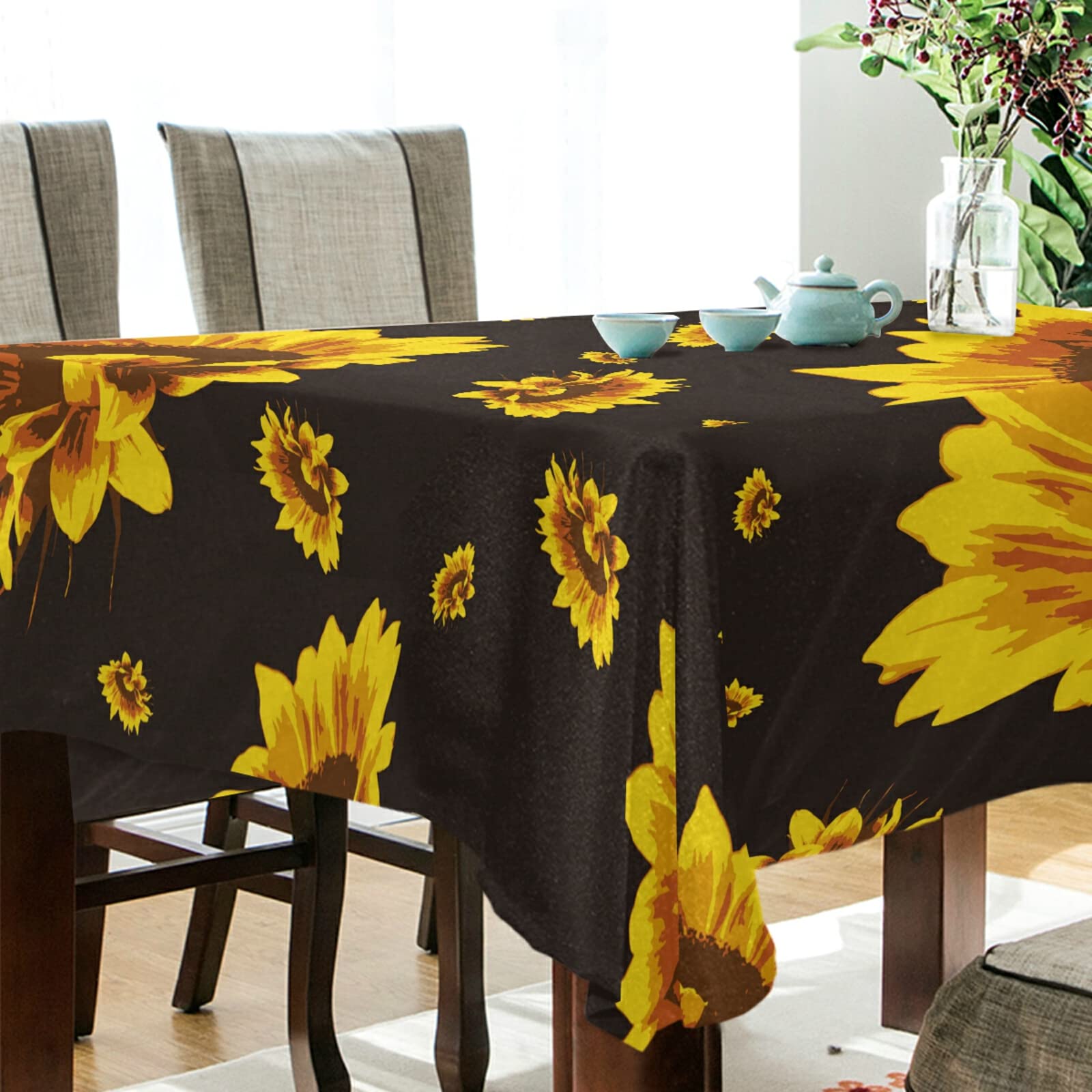 Golden Yellow Sunflowers on Black 60 x 108 Inch Oblong Tablecloth for Party, Dining Room, and Holiday Table Cloths