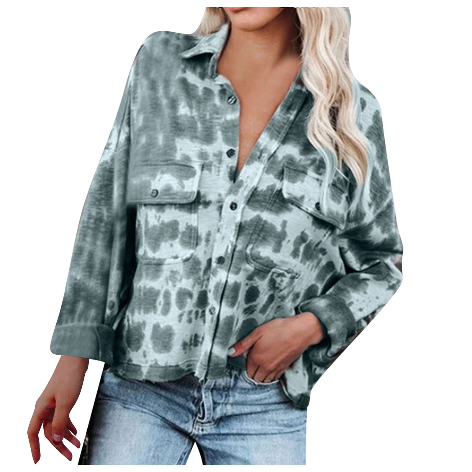 Trendy Women's Tie-Dye Print Lapel Long Sleeve Blouse - Casual Long Sleeve Shirt for Women - Perfect for Work, Date Night & Everyday Wear