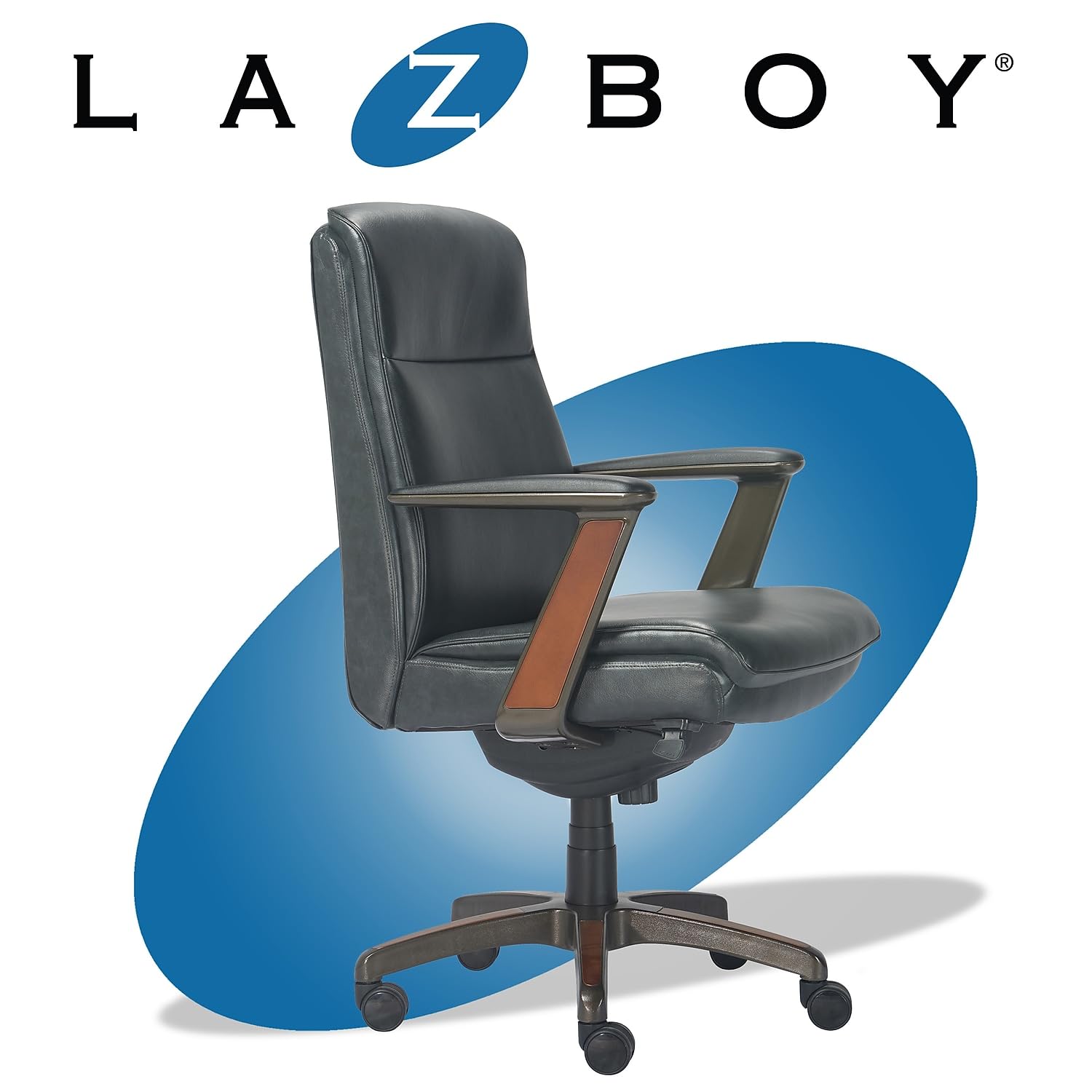 La-Z-Boy Dawson Modern Executive Office Chair - Adjustable High Back Ergonomic Computer Desk Chair with Lumbar Support - Black Bonded Leather with Wood Inlay - Perfect for Home Office, Gaming & Workspaces