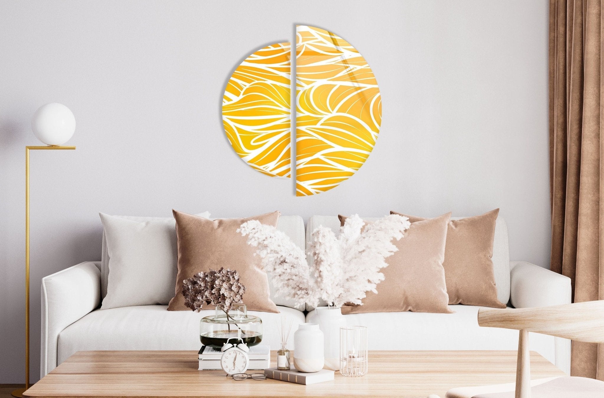2 Piece Yellow & White Glass Wall Art Set - Modern Abstract Home Decor for Living Room, Bedroom & Office - Handmade Glass Wall Hangings for Stylish Interior Design