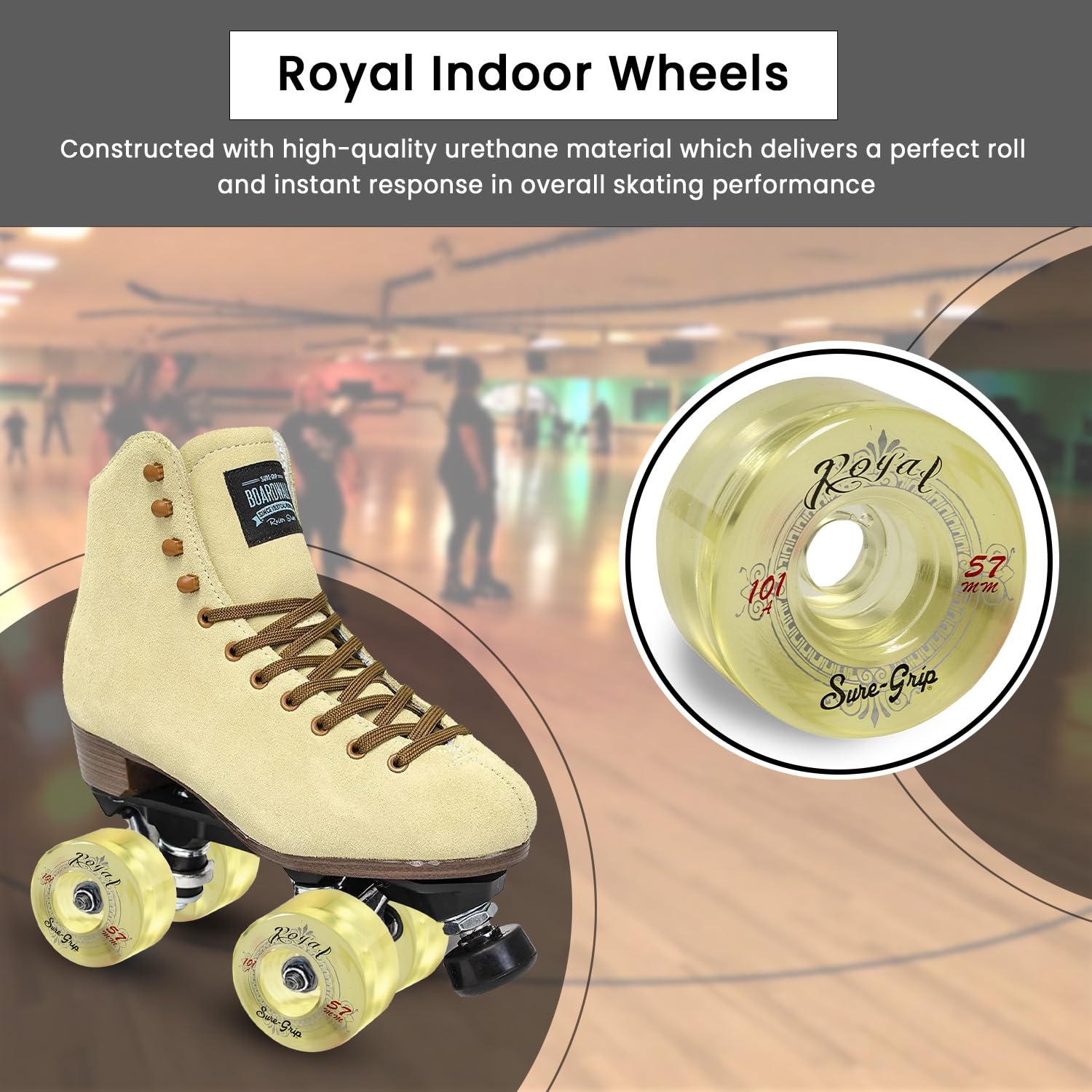 Sure-Grip Royal Indoor Roller Skate Wheels - 101A Hardness, 57mm Diameter & 31mm Width for Fast Response - Premium Urethane Material - Made in USA (Set of 8) - Perfect for Indoor Rinks, Roller Derby & Artistic Skating