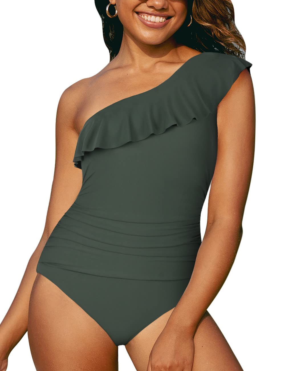 Hilor Women's One Piece Swimsuit Tummy Control Asymmetric One Shoulder Bathing Suit - Perfect for Beach Vacation, Pool Party & Summer Swimwear