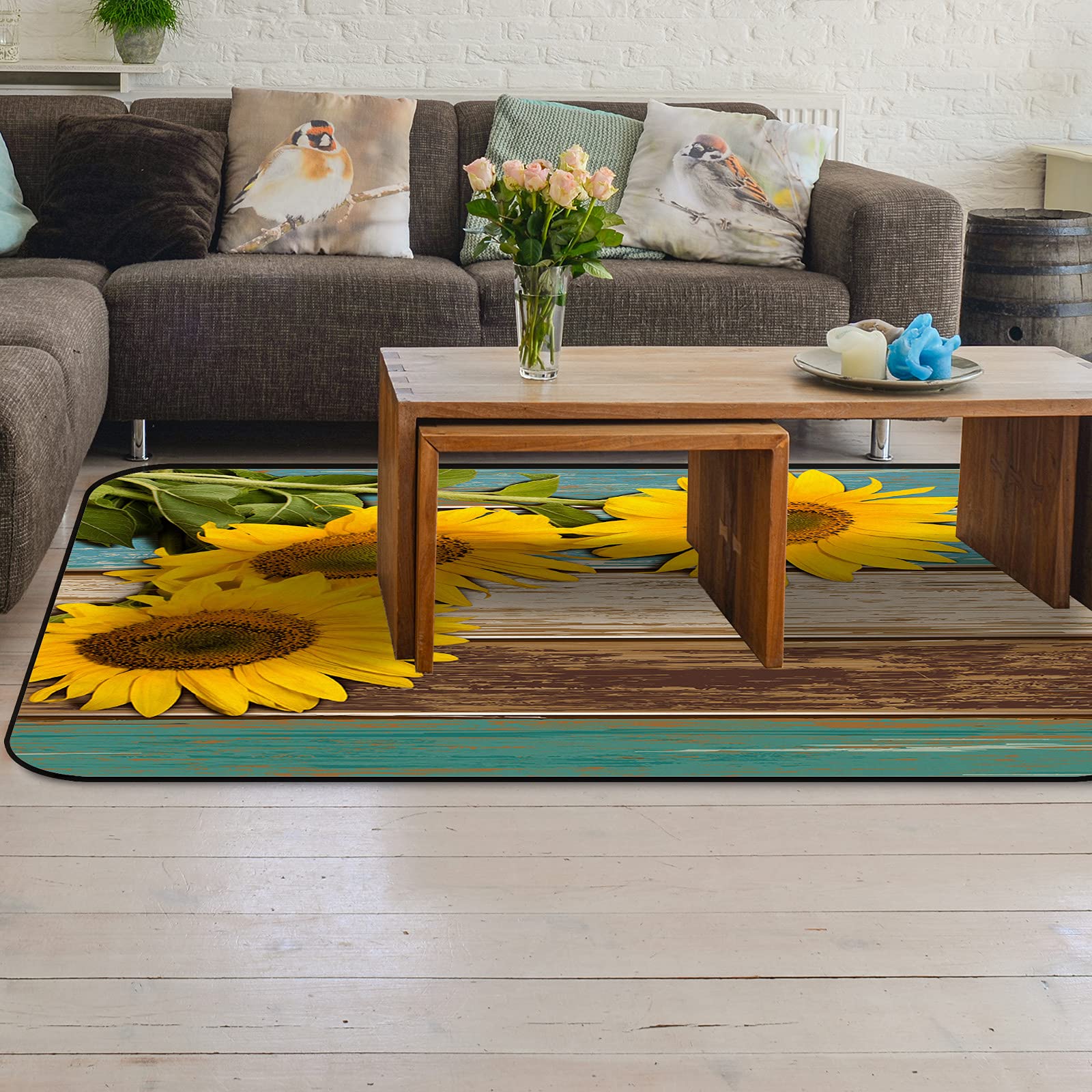 5' x 7' Modern Large Area Rugs - Sunflower Pattern Throw Carpet for Nursery, Living Room & Bedroom - Teal Green Ombre Shabby Wood Plank Design - Indoor/Outdoor Rustic Style Floor Cover - Perfect for Kids' Rooms, Home Decor & Cozy Spaces