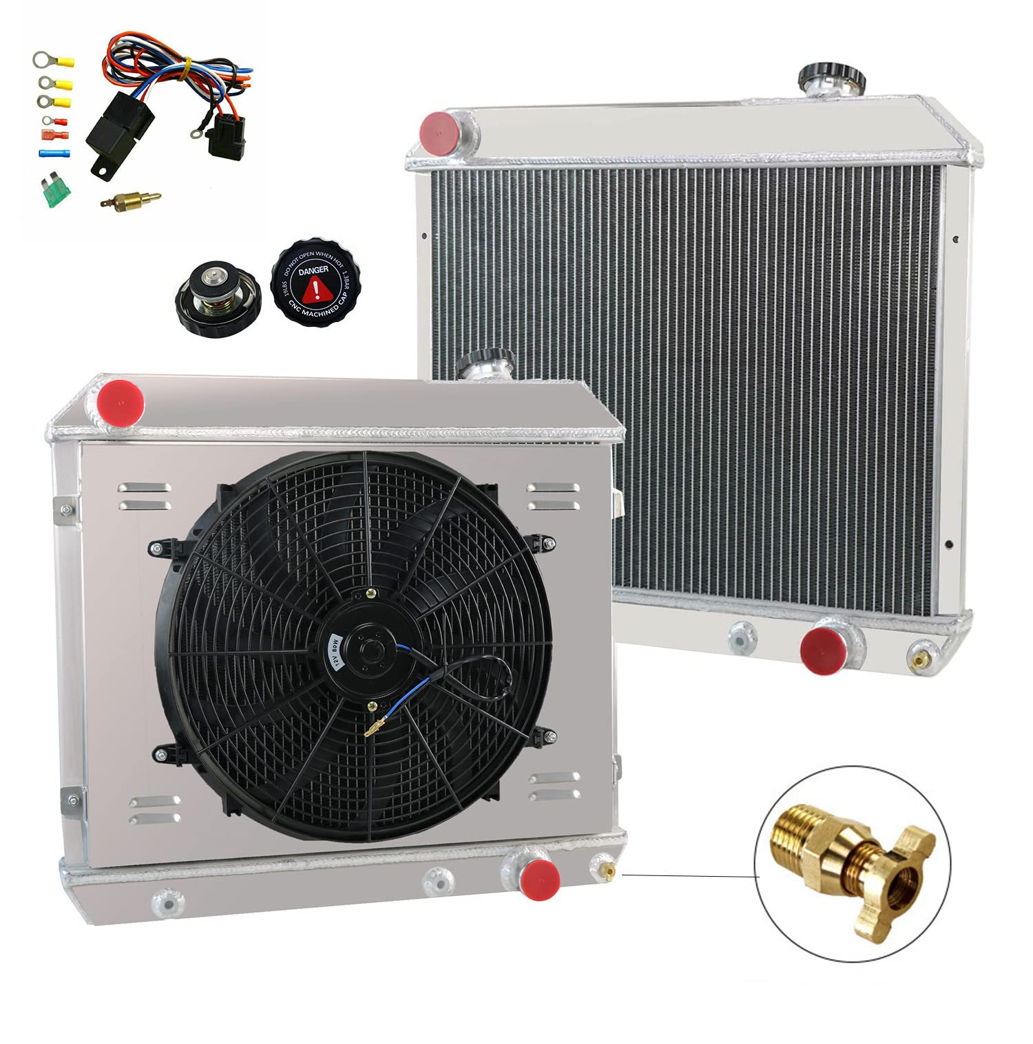 High-Performance 3-Row Full Aluminum Radiator with Fan Shroud & Relay Kit - Compatible with Cutlass F85 64-66, Chevy Truck C/K Series 10/20/30 63-66, GMC 1000/1500/2500 Series 65-66 - Perfect for Engine Cooling & Restoration Projects