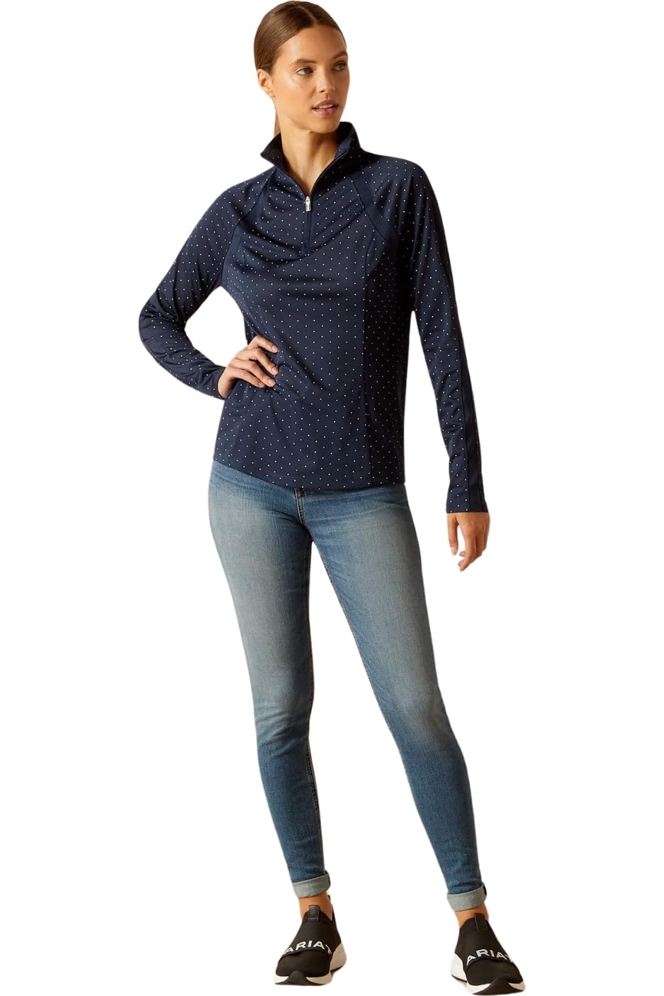 ARIAT Women's Sunstopper 3.0 Long Sleeve Baselayer - UPF 50+ Sun Protection, Moisture-Wicking & Breathable - Navy Dot - Size Large (L) - Perfect for Hiking, Horseback Riding & Outdoor Activities