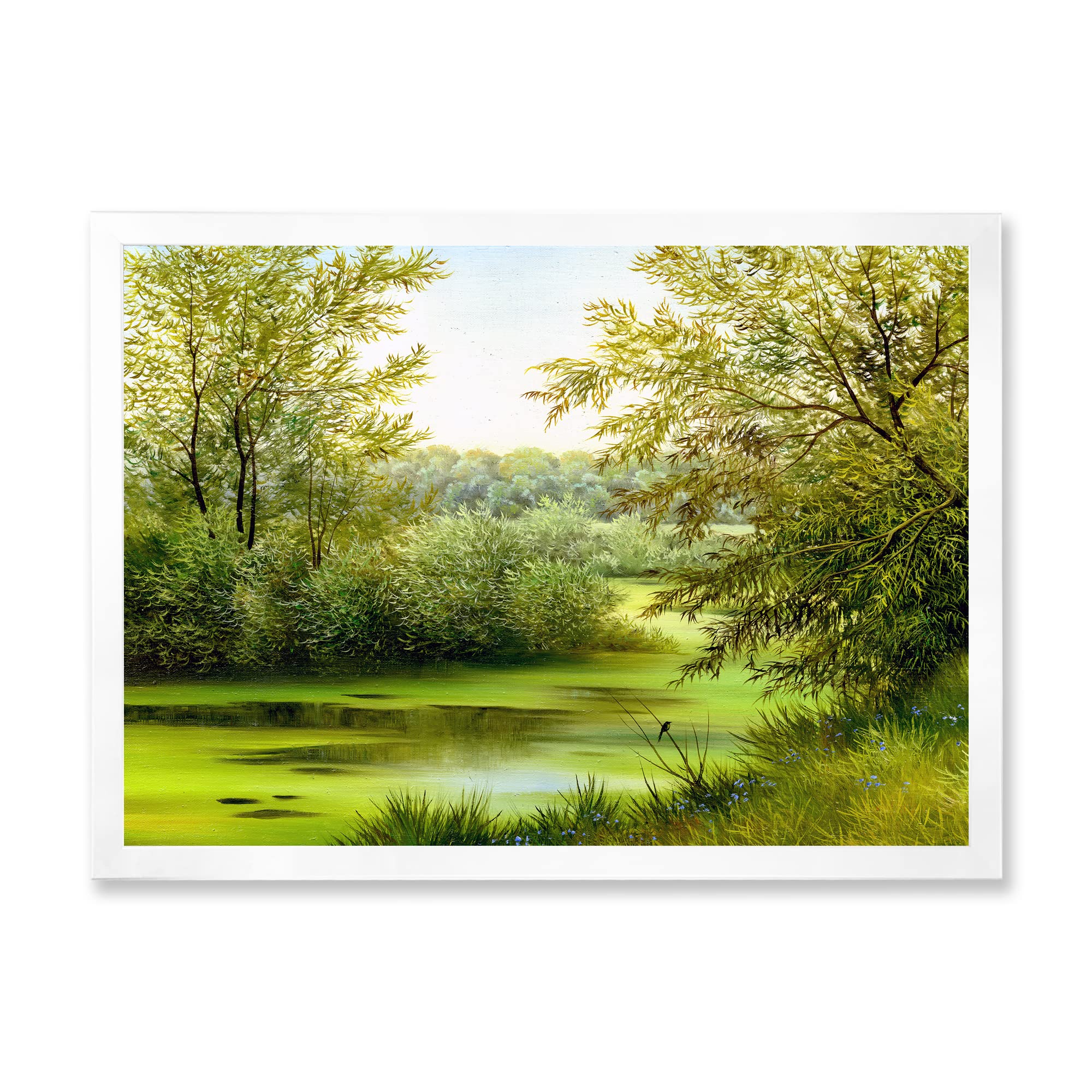 DesignQ Green Pond with Spring Trees Country Framed Wall Art - Nature Landscape Canvas Painting for Living Room, Bedroom & Office Decor