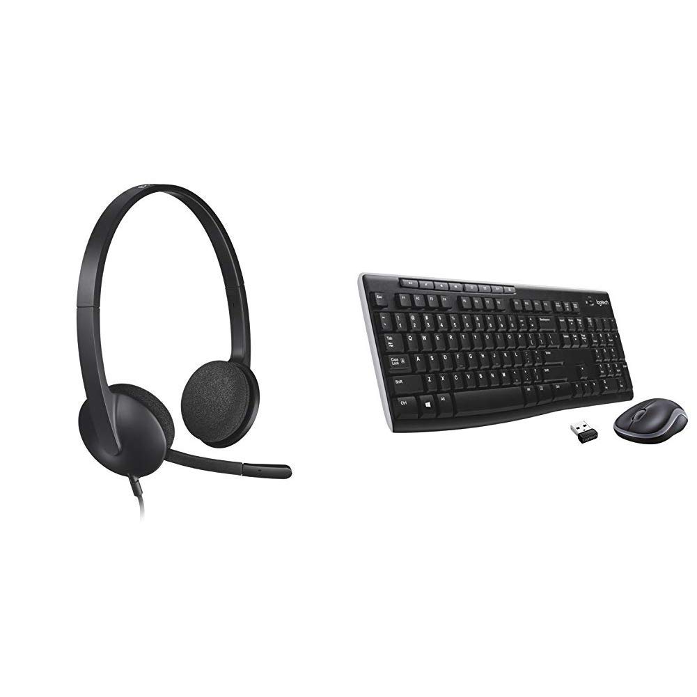 Logitech H340 USB Headset with Noise-Canceling Mic for PC & Mac | MK270 Wireless Keyboard and Mouse Combo for Windows | 2.4GHz Long Range Connection | Perfect for Home Office, Gaming & Remote Work