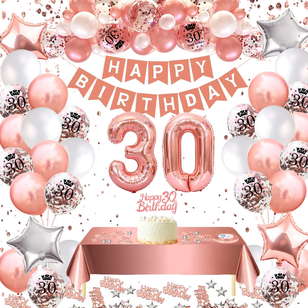 30th Birthday Party Decorations Set - Rose Gold Foil Balloons, Confetti Balloons, Bunting Banner, Tablecloth & Cake Topper - Perfect for Women's 30th Birthday Celebrations, Milestone Parties & Special Occasions