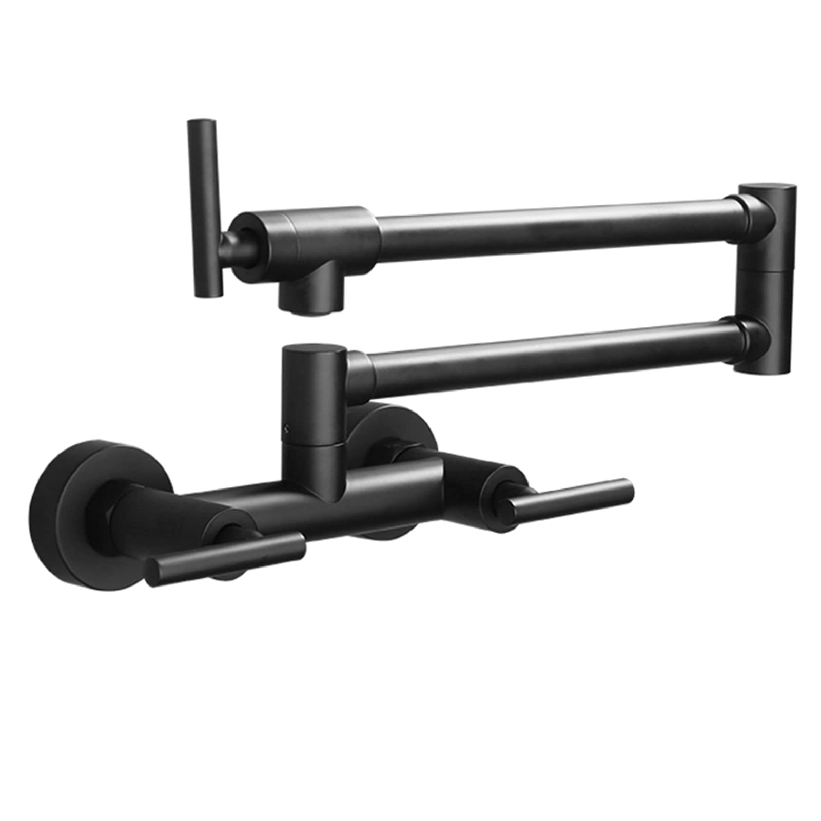 Black Wall Mounted Foldable Pot Filler Kitchen Faucet - 3 Handle Dual Hole Hot & Cold Water Mixer Tap with Stretchable Double Joint Swing Arm | Perfect for Home Kitchen, Restaurant & Commercial Use