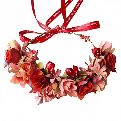 Floral Wreath Headband - Rose Flower Crown for Women & Girls | Wedding, Bridal, Hawaiian Party Hair Accessories | Perfect for Boho Festivals, Beach Vacations & Photo Shoots