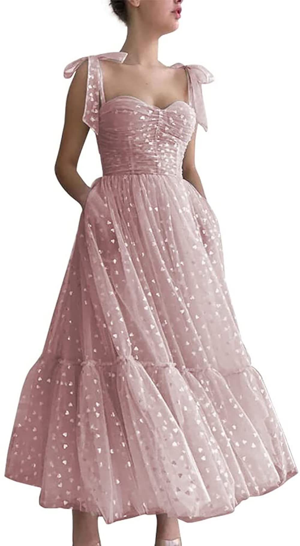 Sparkly Tulle Prom Dresses for Women - Elegant Spaghetti Strap Cocktail Dress, Tea Length Formal Evening Gown for Graduation, Party & Special Occasions