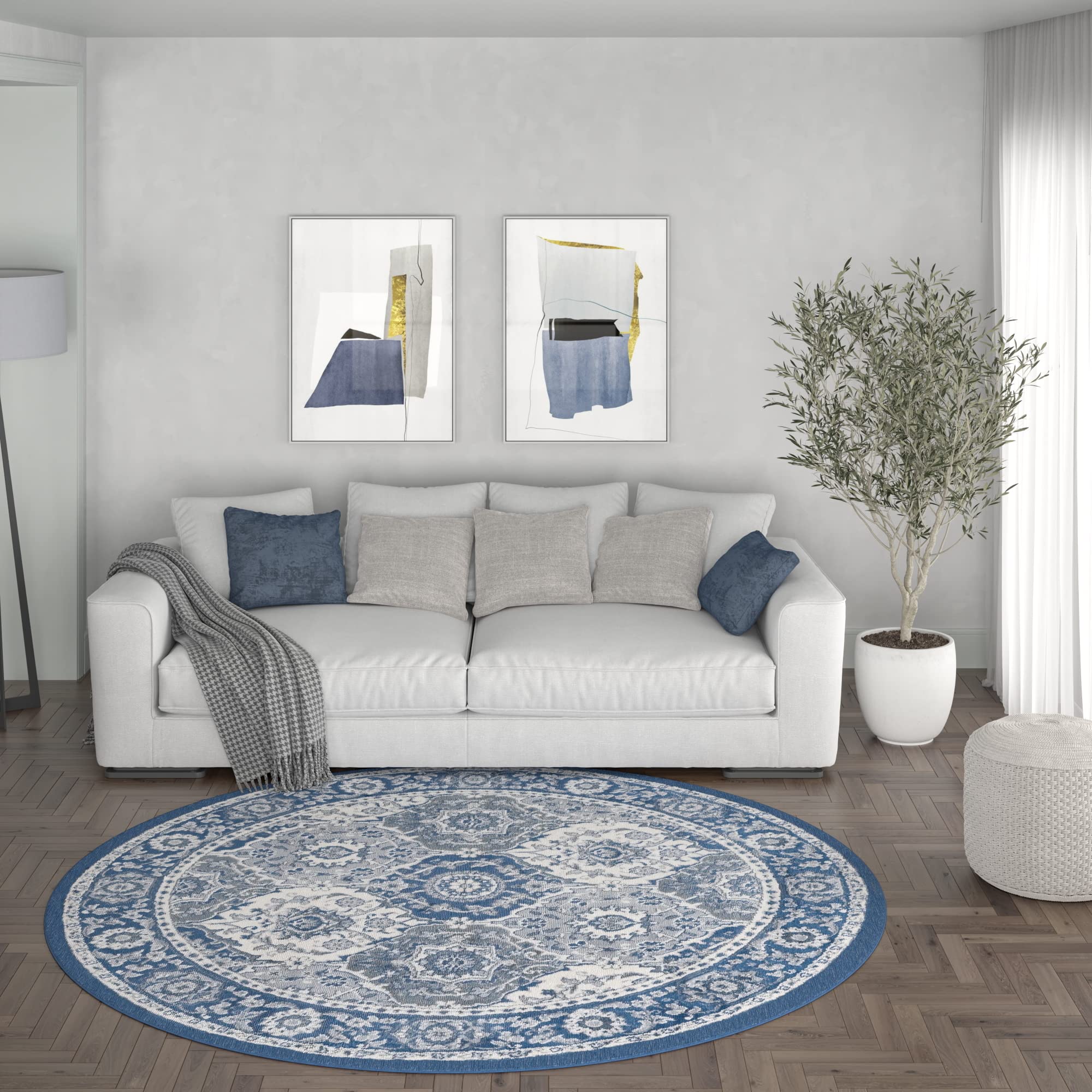 Navy Blue 8ft Round Modern Area Rug - Soft Contemporary Carpet for Living Room, Bedroom, Dining Room, Kitchen & Entryway - Non-Slip Indoor Floor Mat for Home Decor - Alfombras Modernas para Salas