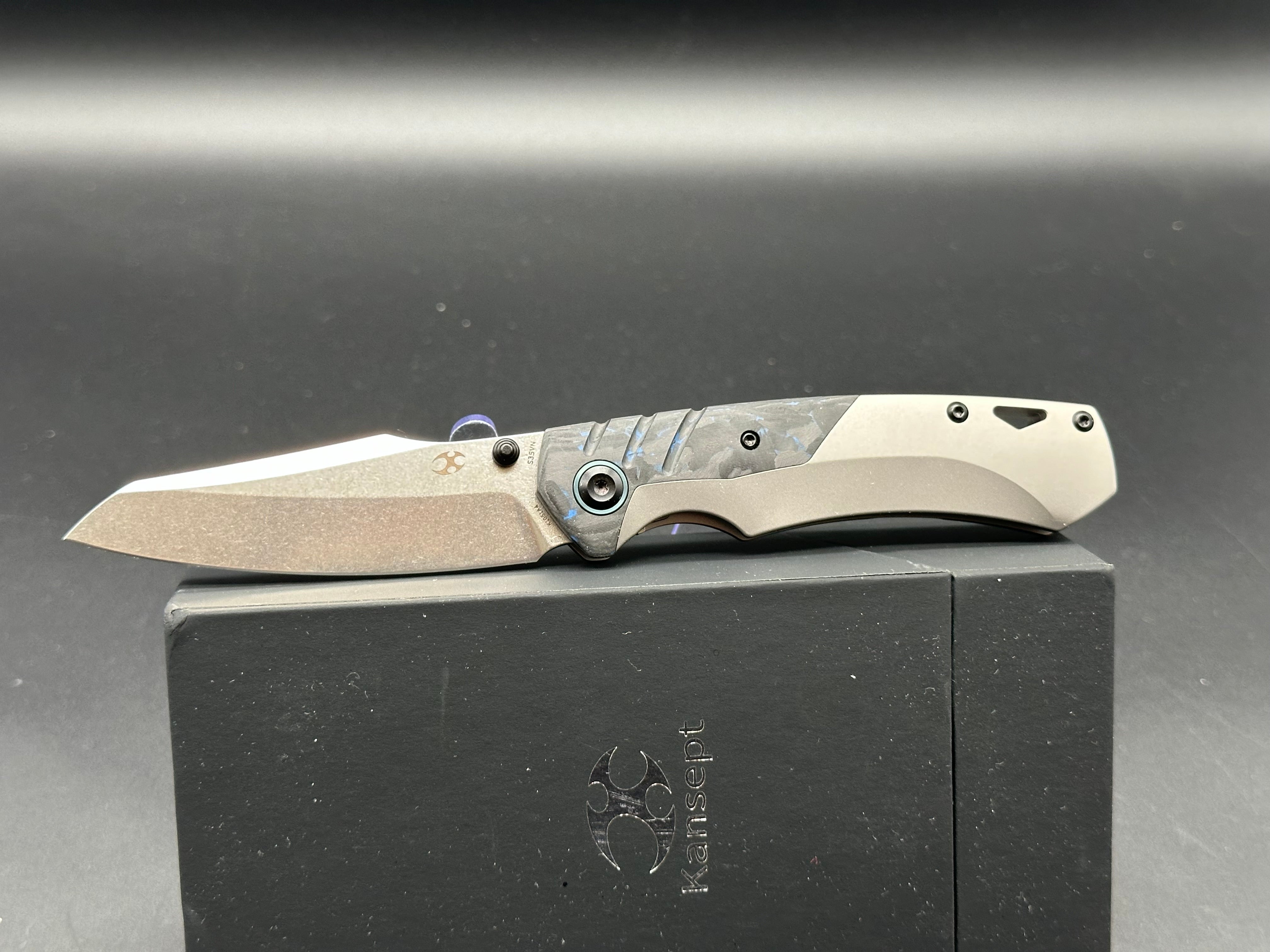 KANSEPT WEIM Folding Knife - Blue/Black Carbon Fiber & Gray Titanium Handle, S35VN Sheepsfoot Blade - EDC, Camping, Outdoor Survival Gear