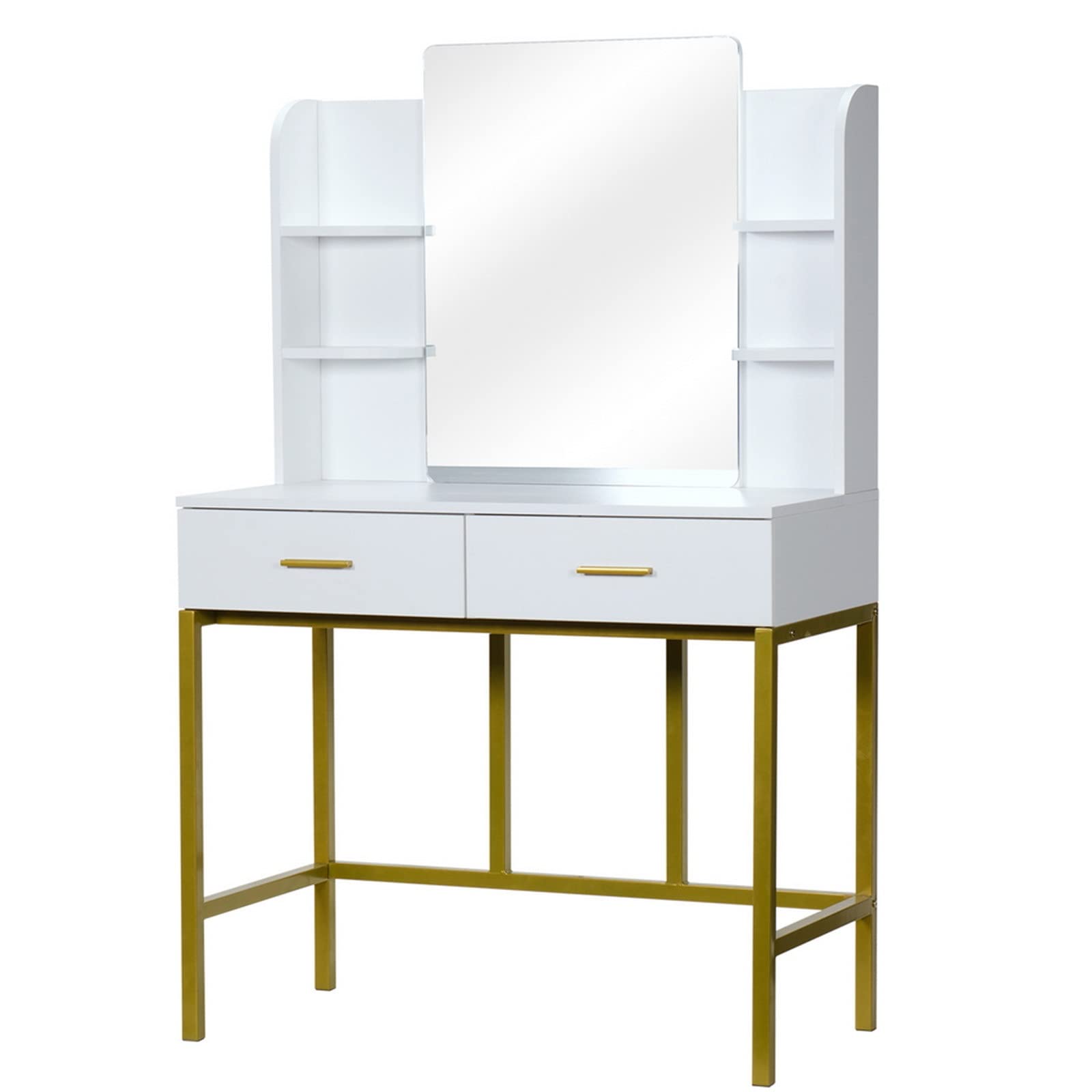 Stylish White Dressing Table with Mirror, Shelf & 2 Drawers - Steel Frame Makeup Vanity Desk with Matching Stool | Perfect for Bedroom, Dorm Room & Beauty Salon Organization