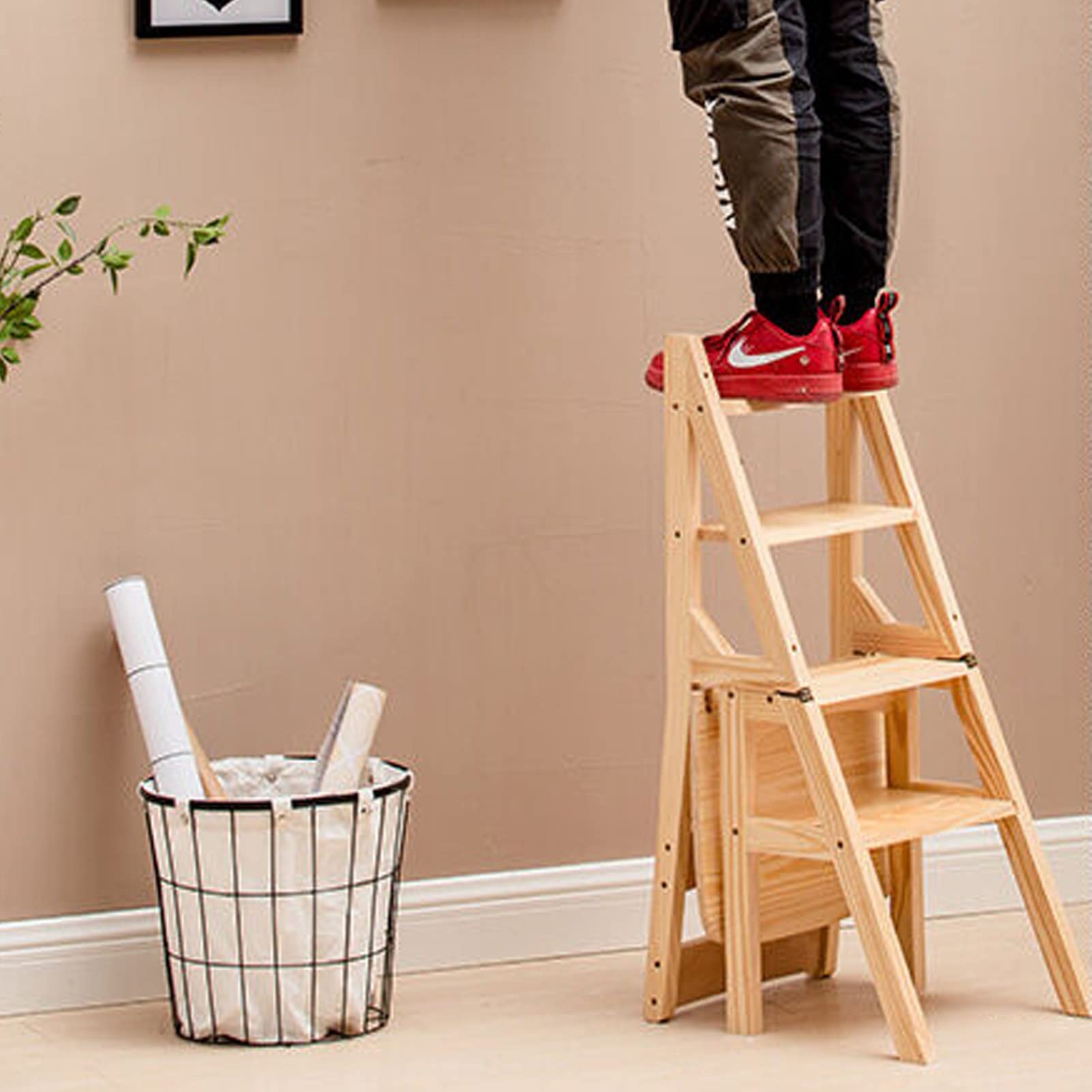 FADUNI Wooden Folding Step Stool for Indoor Use - Portable 4-Step Ladder Stool with Non-Slip Feet, Perfect for Home, Kitchen, Bathroom & Garden Flower Stand