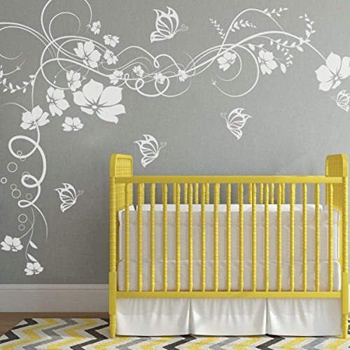 GECKOO Nature Decor Butterfly Flower Wall Decal - Floral Vinyl Wall Stickers for Bedroom Decor (Medium, White) | Perfect for Home, Nursery, Living Room & Office Wall Art