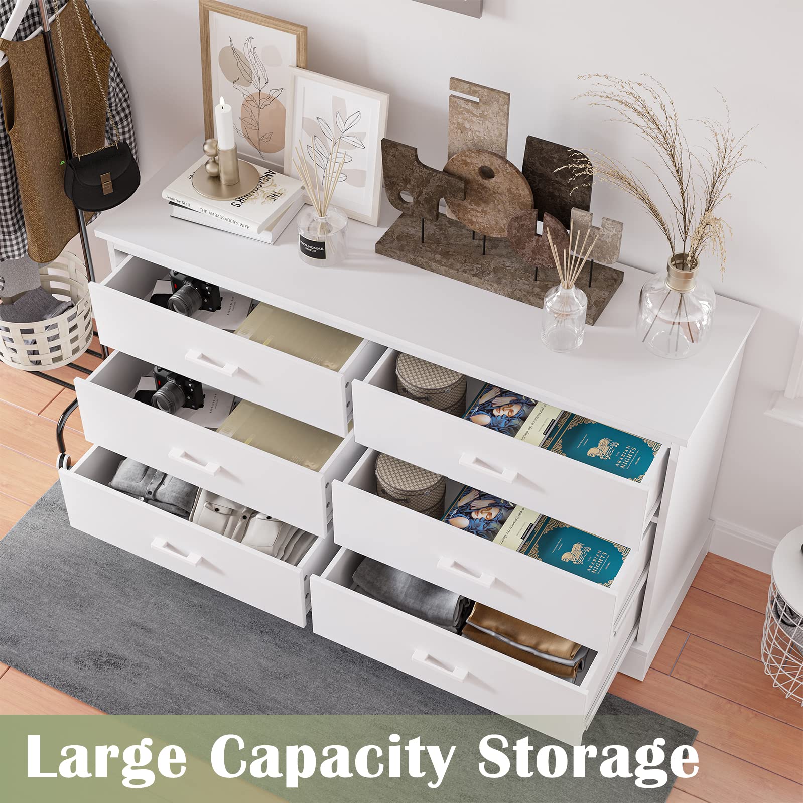 Hasuit White 6-Drawer Double Dresser - Solid Wood Bedroom Storage Tower with Sturdy Base | 6-Drawer Wide Chest Organizer for Clothes, Linens & Accessories | Perfect for Bedroom, Hallway, Entryway or Dorm Room Storage Solutions