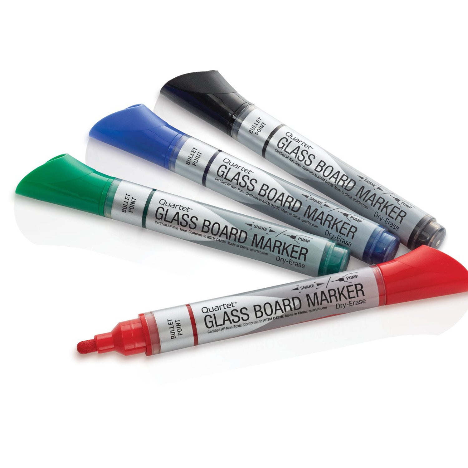Premium Glass Board Dry Erase Markers - 4 Pack Bullet Tip Whiteboard Markers for Office, Classroom & Home Use - Assorted Colors (Black, Blue, Red, Green)