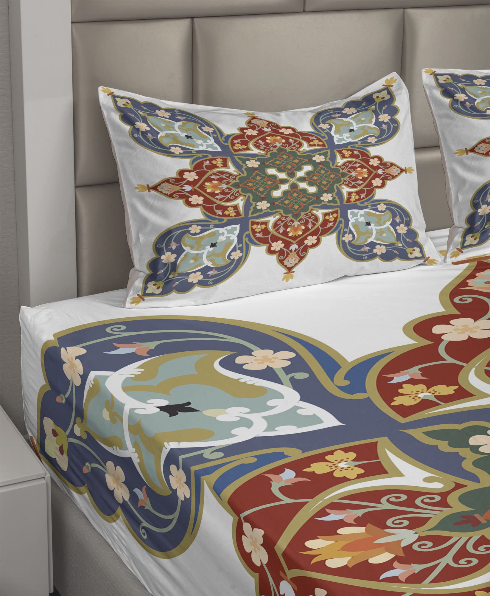 Ambesonne Oriental Sheet Set 4-Piece King Size - Turkish Ottoman Eastern Floral Moroccan Design, Cadet Blue Turquoise Fitted & Flat Sheets with Pillowcases | Luxury Bedroom Decor, Guest Room Upgrade, Boho Chic Home Styling