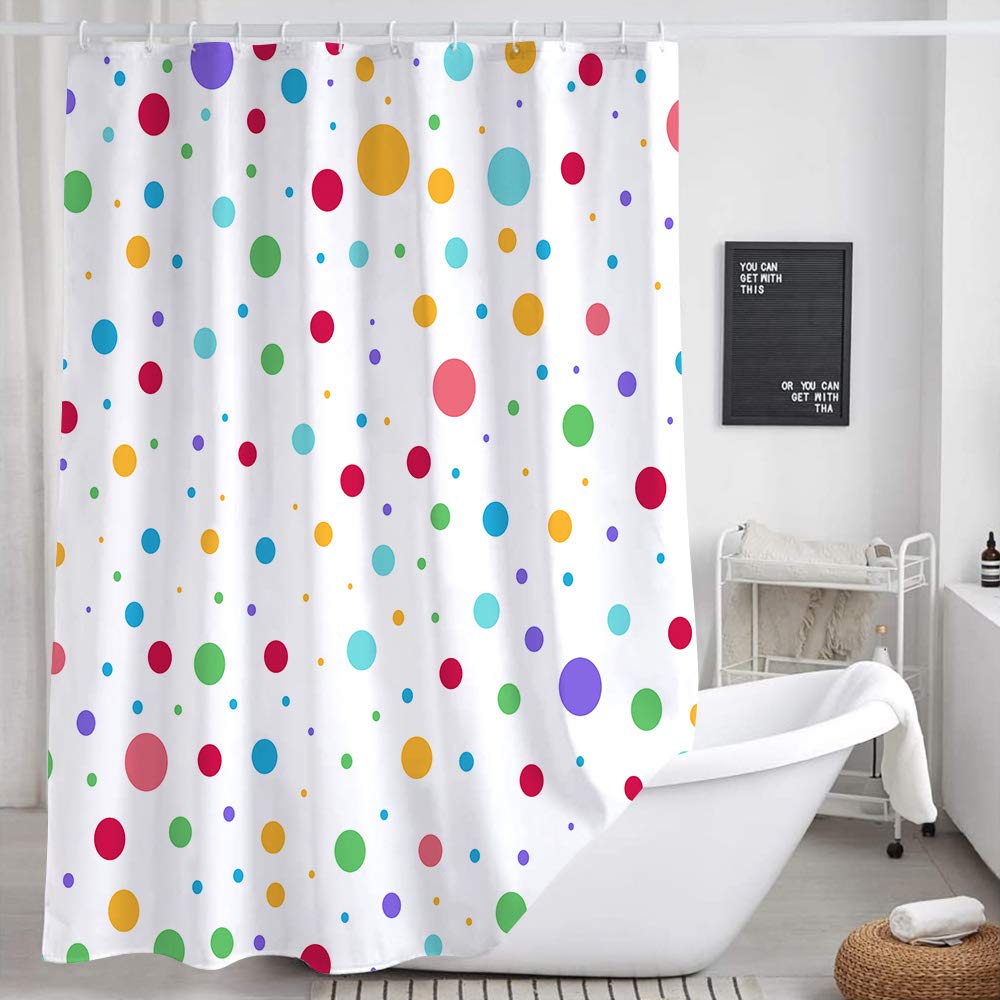 Colorful Geometric Kids Rainbow Shower Curtain Set - 72x72 Inch Cute Polka Dot Bathroom Decor with Hooks | Modern White Fabric Shower Curtain for Children's Bathroom, Nursery & Guest Restroom Decor