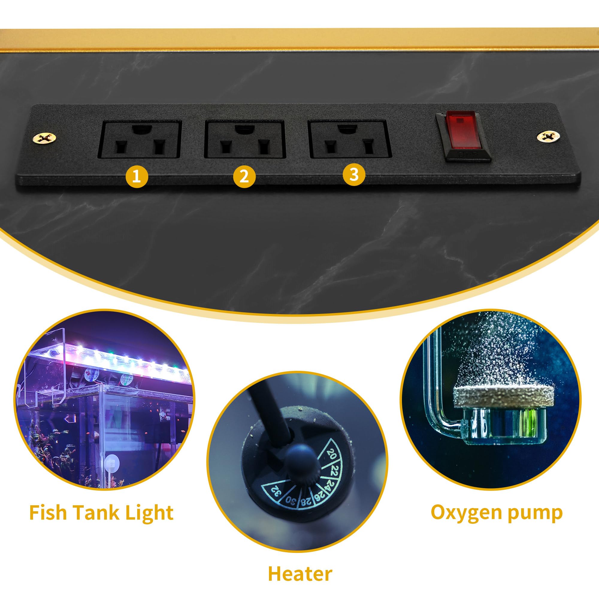 DWVO 55-75 Gallon Heavy Duty Aquarium Stand with Power Outlet - Sturdy Metal Fish Tank Stand for Turtle Tanks & Reptile Terrariums - 860LBS Capacity Black & Gold Display Stand for Living Room, Entryway, or Office Decor