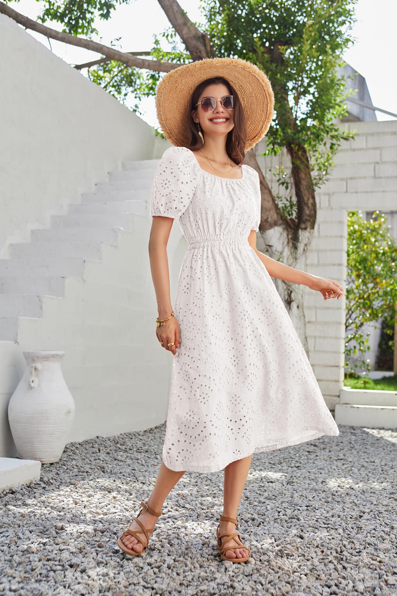 GRACE KARIN Women's Summer Eyelet Dress - Square Neck, Puff Sleeve, A-Line Boho Midi Dress for Casual Wear | Perfect for Beach Vacations, Date Nights & Summer Parties