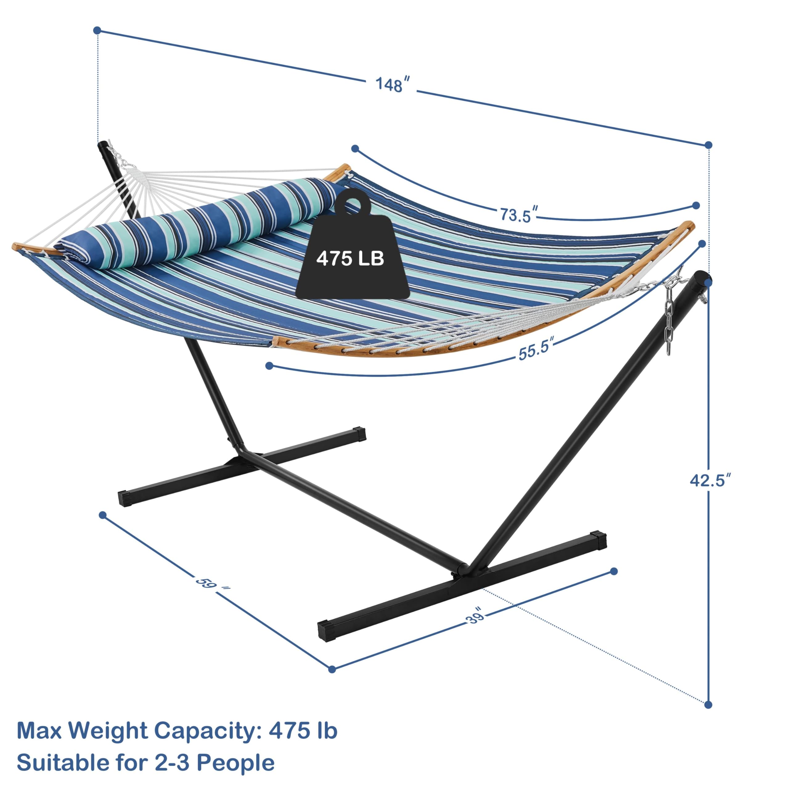 Yaheetech Heavy-Duty 475Lb Capacity Hammock with Stand Set - Padded Steel Frame, Includes Pillow & Carry Bag, Indoor/Outdoor Hanging Bed for 2-3 People (Blue Stripe) - Perfect for Backyard Relaxation, Camping Trips & Patio Lounging