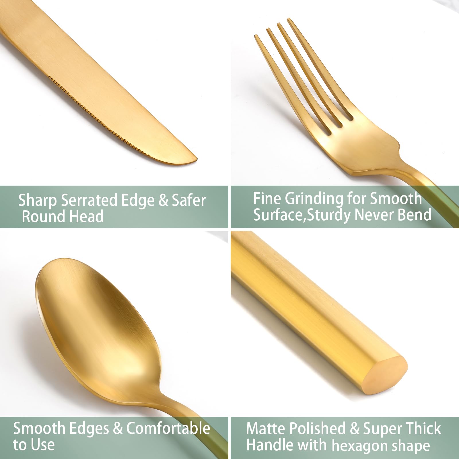 Premium 40-Piece Matte Gold Flatware Set - Stainless Steel Cutlery with Brushed Brass Hexagon Handle - Dishwasher Safe Silverware for 8 - Perfect for Dinner Parties, Weddings & Upscale Dining