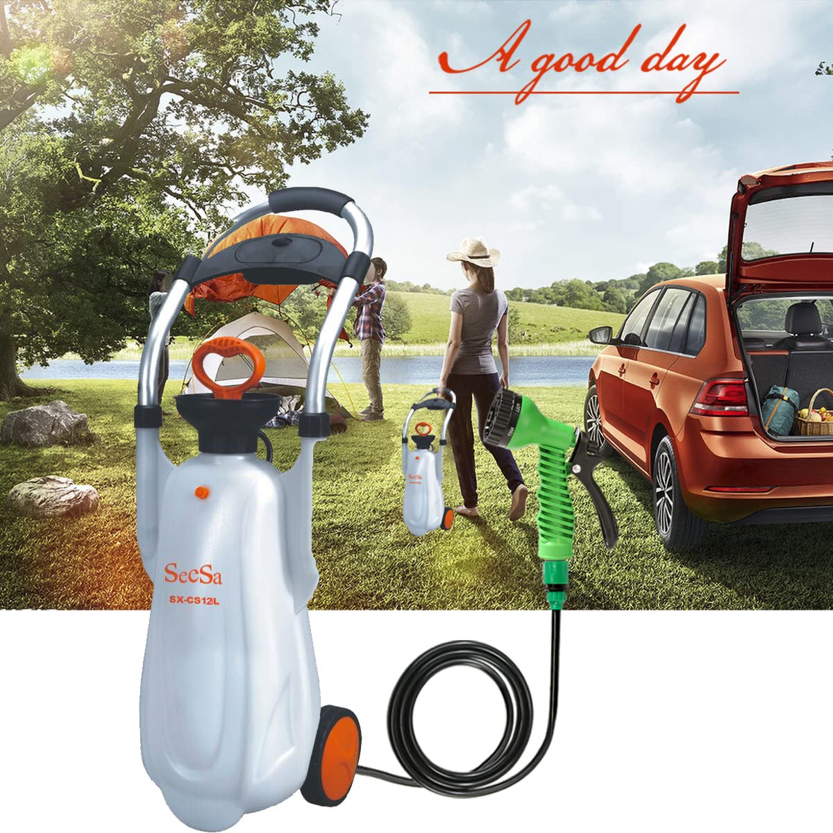 CLICIC 3.1 Gallon (12L) Pressure Sprayer with 7 Spray Modes & 2 Water Nozzles - Portable Camping Shower with Removable Hose & Shower Head - Ideal for Outdoor Travel, Hiking, Gardening, Pet Bathing & Car Washing