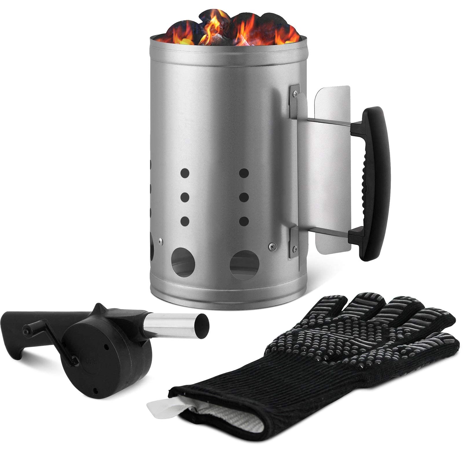 High Heat Resistant Charcoal Chimney Starter Set with 1472℉ Grill Glove & Portable BBQ Fan - Fast & Easy Charcoal Lighter for Outdoor Grilling, Camping, Backyard BBQ, and Tailgating Parties
