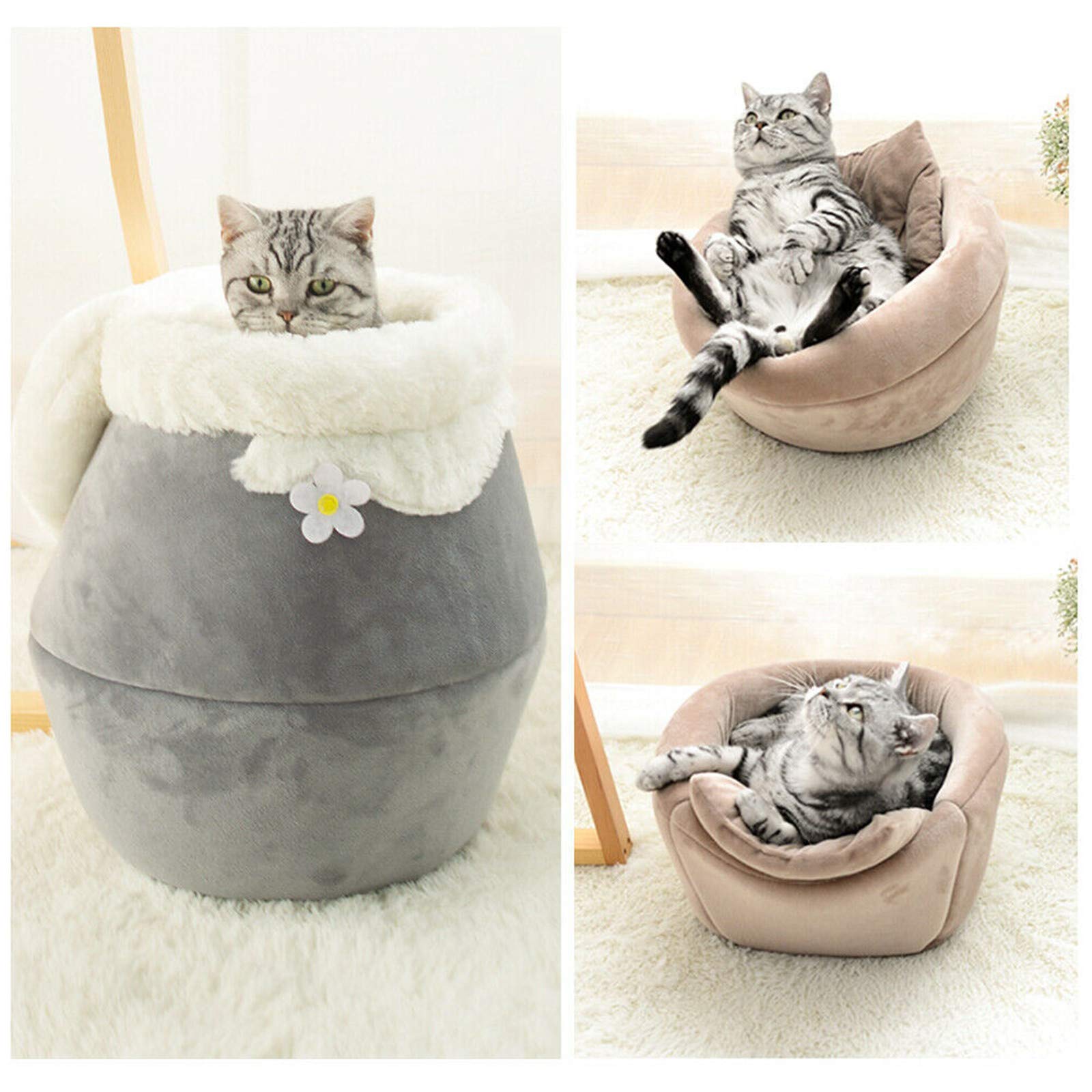 3-in-1 Foldable Plush Cat Bed - Warm Pet Cave House & Sleeping Bag Sofa - Soft Cushion for Kittens & Cats - Gray XS - Perfect for Winter Napping, Cozy Home Decor & Small Space Pet Furniture