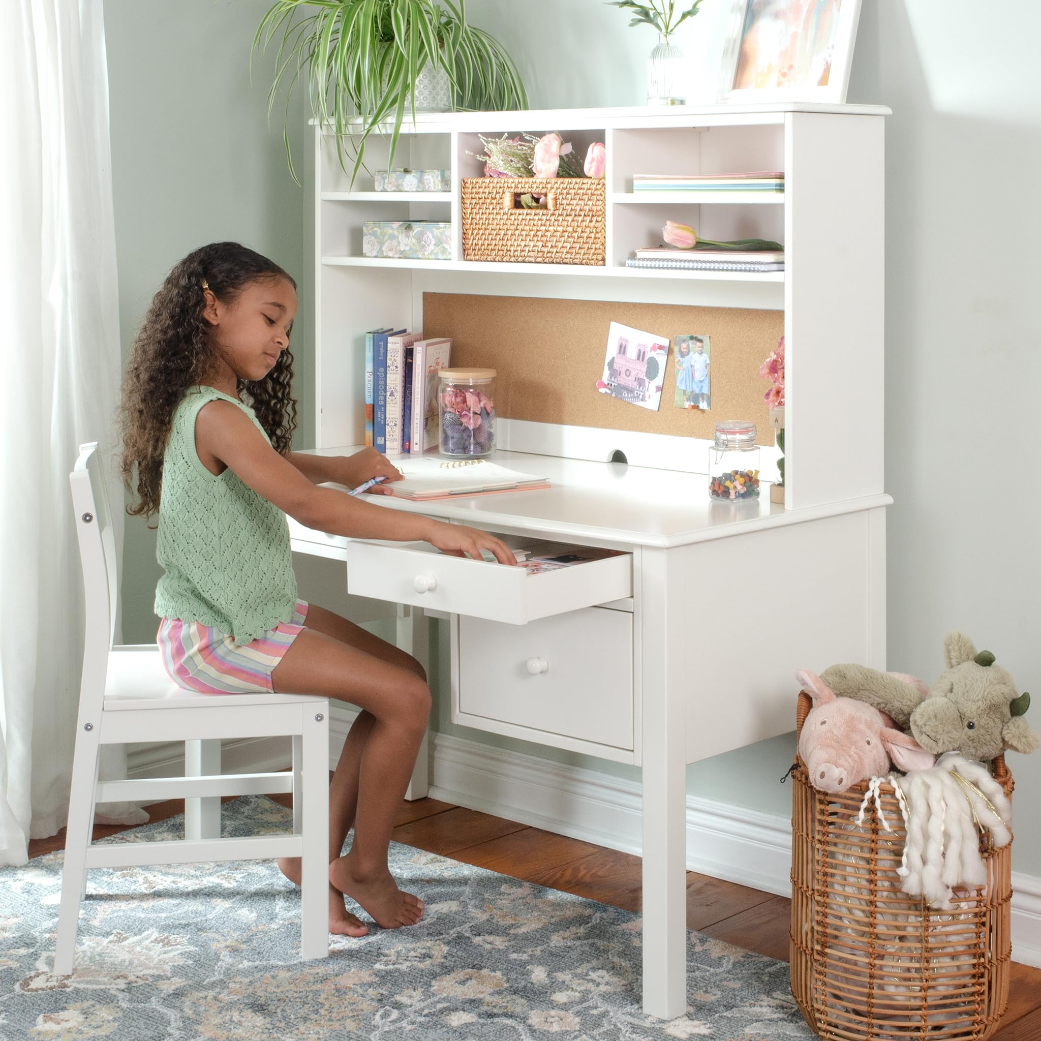Guidecraft Madison Kids Desk with Hutch & Chair Set - White Wooden Study Table with Storage Drawers & Shelves for Boys & Girls | Perfect for Homework, Art Projects & Bedroom Organization