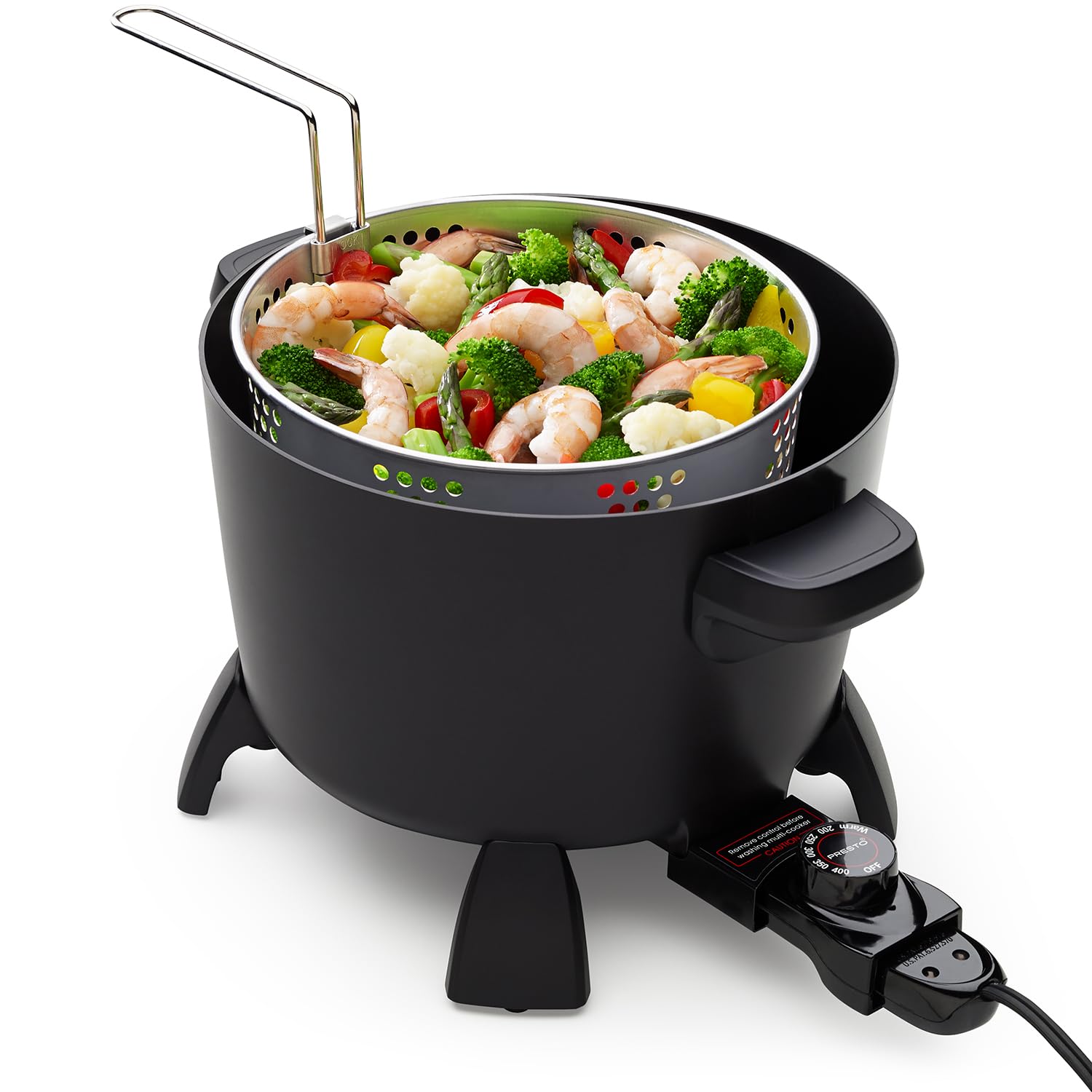 Presto 8-Quart Stainless Steel Multi-Cooker - Electric Deep Fryer, Steamer & Stock Pot for Home Kitchen - Perfect for Frying Chicken, Steaming Seafood & Cooking Large Batches of Soup or Pasta