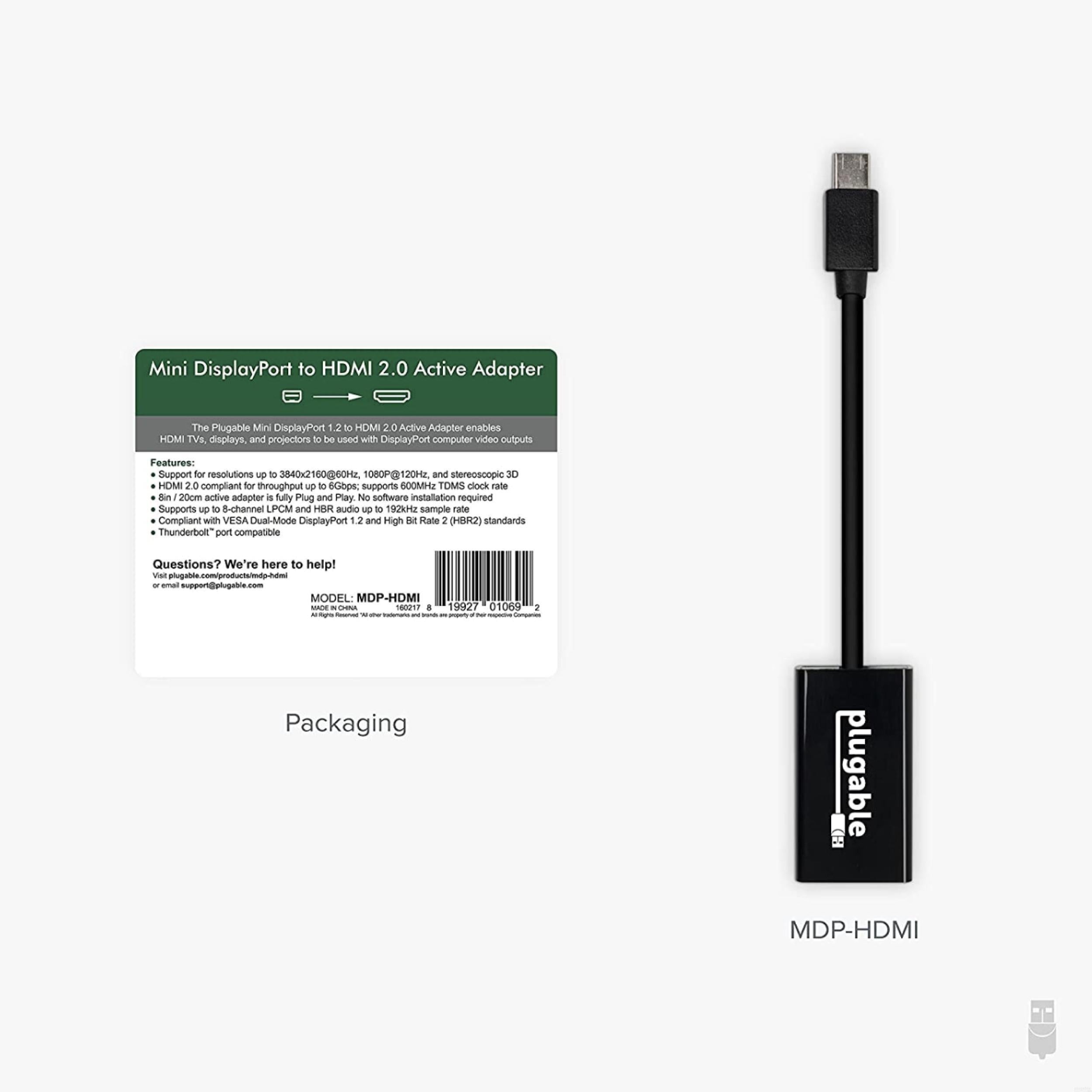 Plugable Mini DisplayPort to HDMI 2.0 Adapter - Thunderbolt 2 Compatible - 4K 60Hz Video Converter for MacBook Pro, iMac, Mac Mini - Perfect for Home Theater, Gaming & Office Presentations