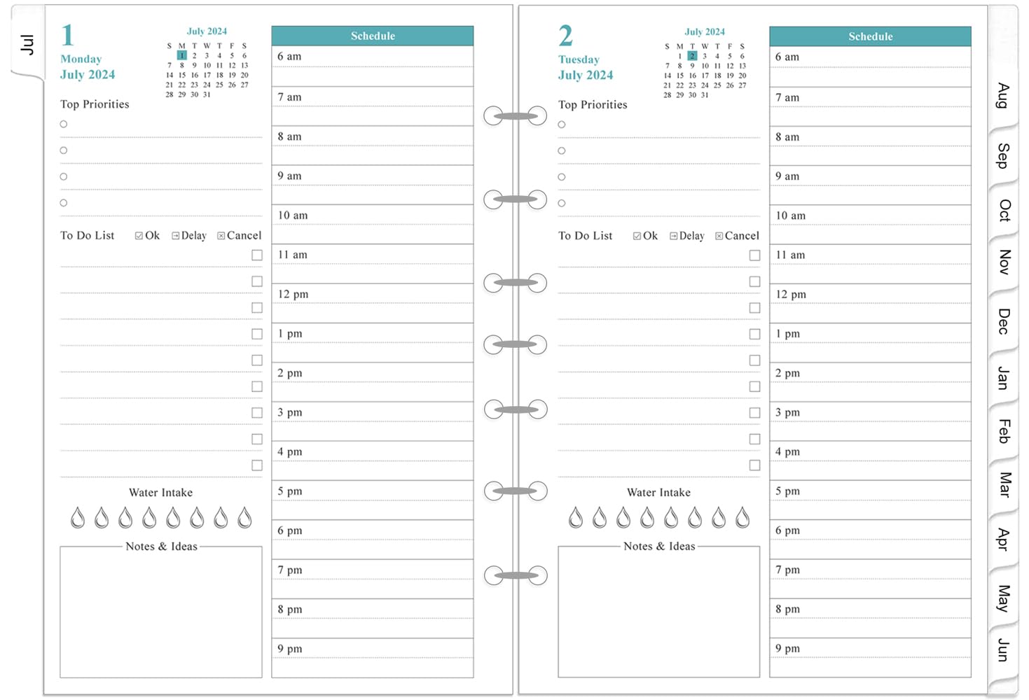 2024-2025 Daily & Monthly Planner Refills for Mini 3 or 7 Ring Binders - One Page Per Day, Prioritized To-Do List, Notes & Appointment Schedule | July 2024-June 2025 | Perfect for Office, School, Home Desk Organization & Productivity Planning