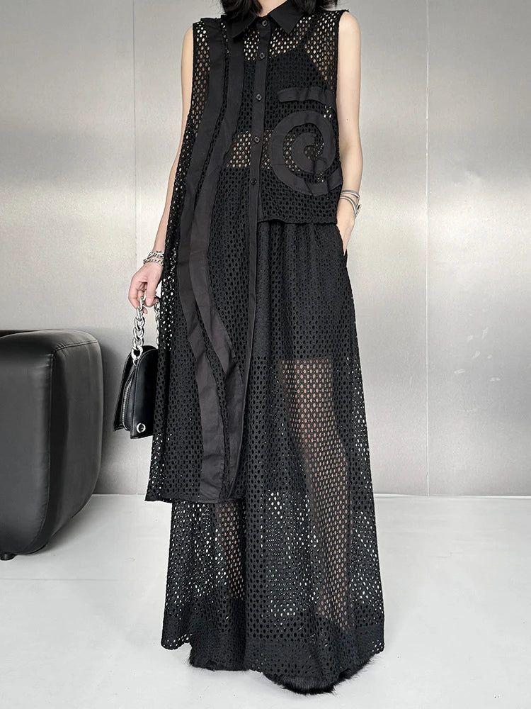 Trendy Black Grid Vest & Wide Leg Pants Two-Piece Set for Women - Lapel Sleeveless Jumpsuit Outfit | Plus Size Fashion | Spring & Fall 2025 Collection | Perfect for Office Wear, Date Nights & Casual Outings