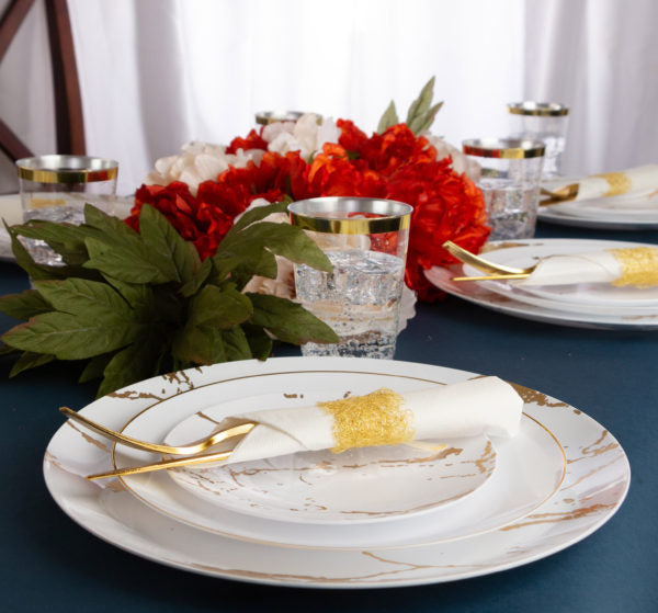 32-Piece White and Gold Round Plastic Dinnerware Set - Elegant Disposable Plates, Bowls, Cups & Utensils (16 Servings) for Parties, Weddings, Picnics & Outdoor Events
