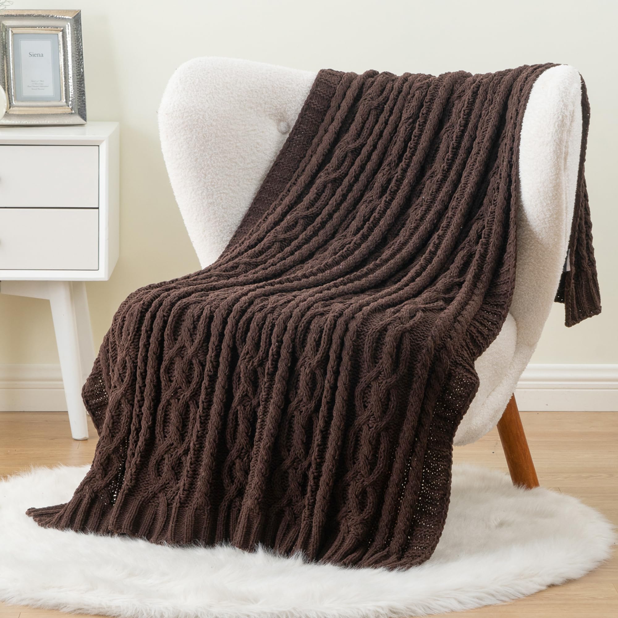 Battilo Dark Brown Chenille Knit Throw Blanket 51