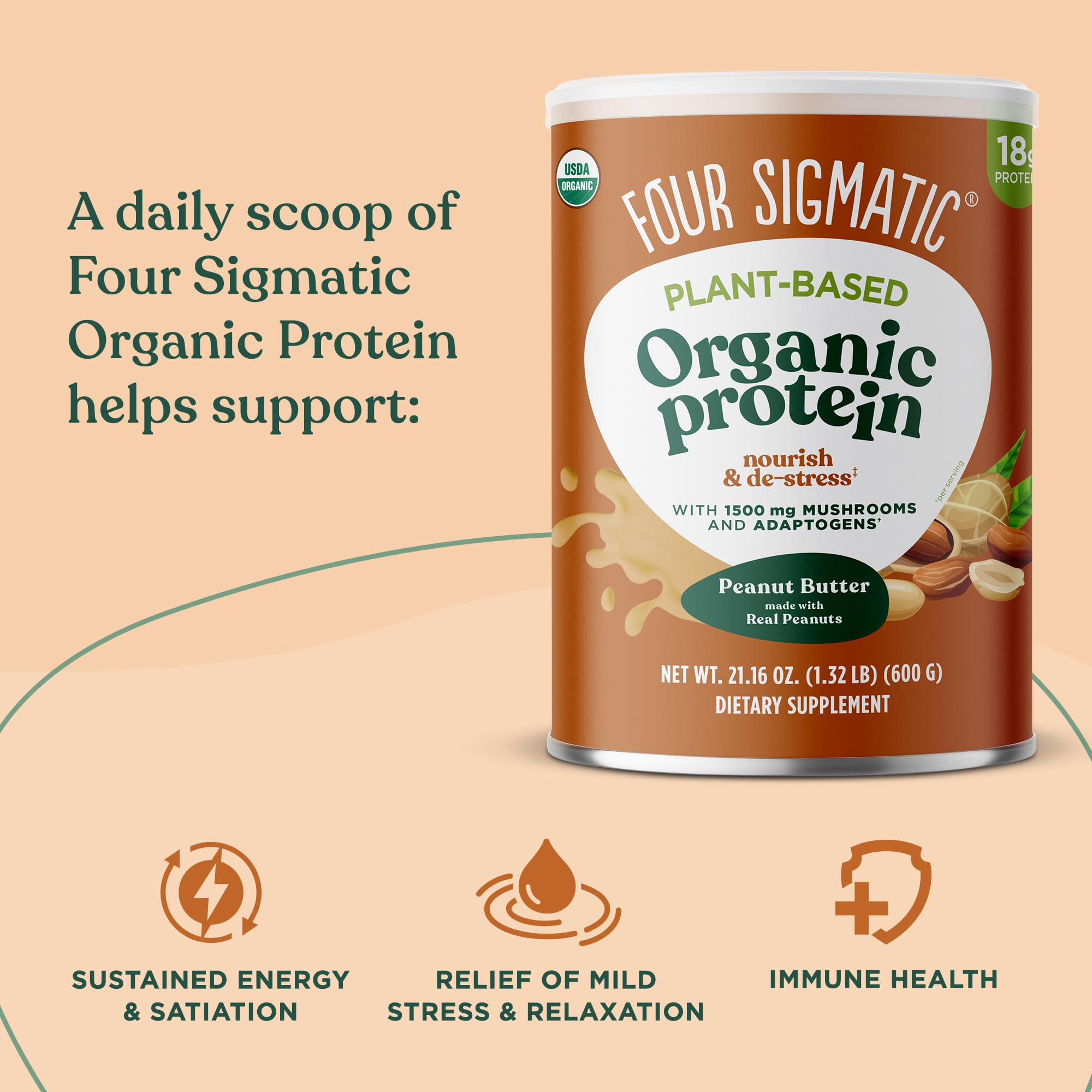 Four Sigmatic Organic Plant-Based Protein Powder - Peanut Butter Flavor with Lion’s Mane, Chaga & Cordyceps | Vegan Protein for Brain Function & Immune Support | 21.16 oz | Perfect for Post-Workout Recovery & Healthy Smoothies