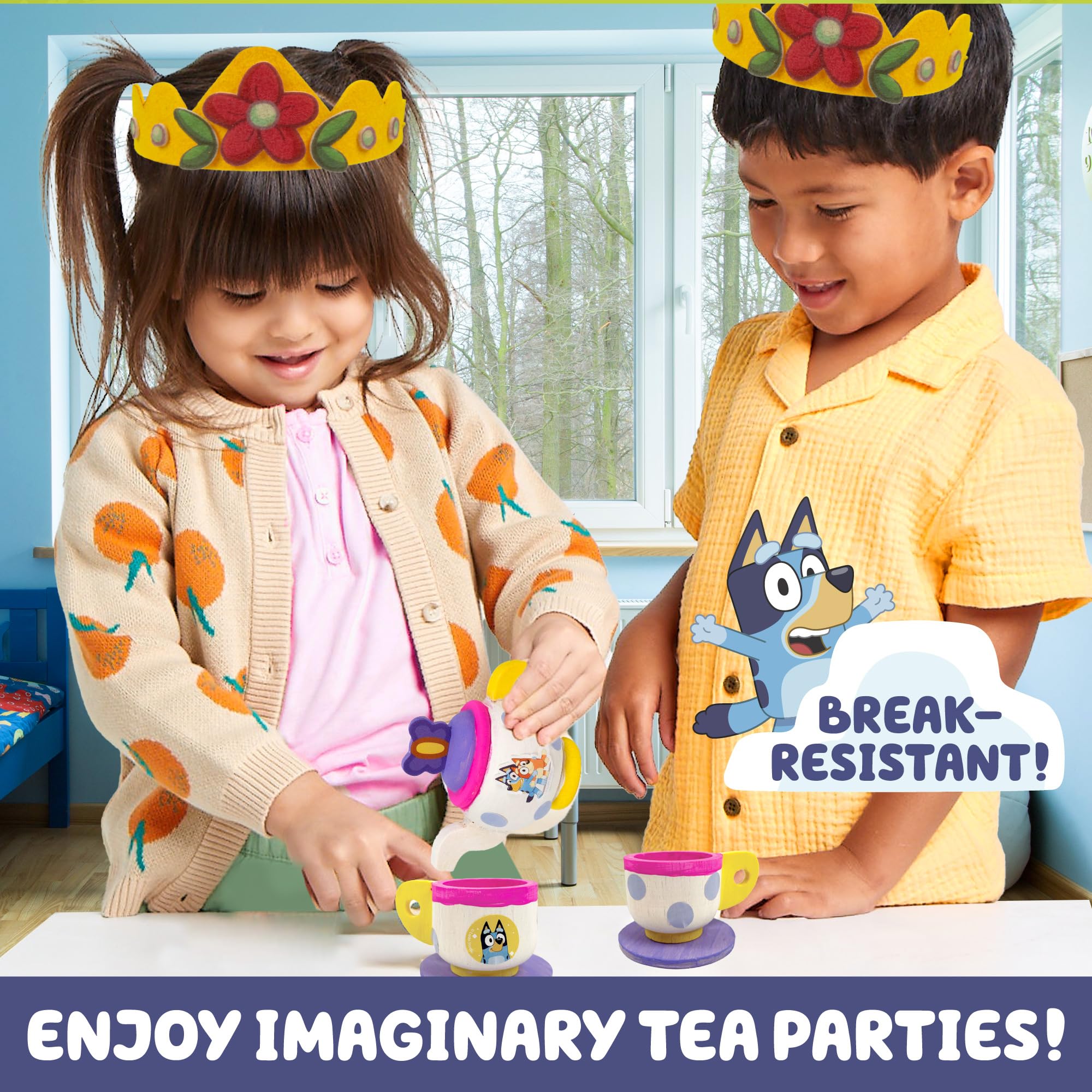 Bluey Paint & Play Tea Set - 6-Piece Wooden Toy for Kids with Custom Paint & Stickers, 2 Wearable Crowns | Pretend Play, Birthday Party Decor & Creative Gift for Toddlers | Perfect for Imaginative Play, Tea Parties & Preschool Learning Activities
