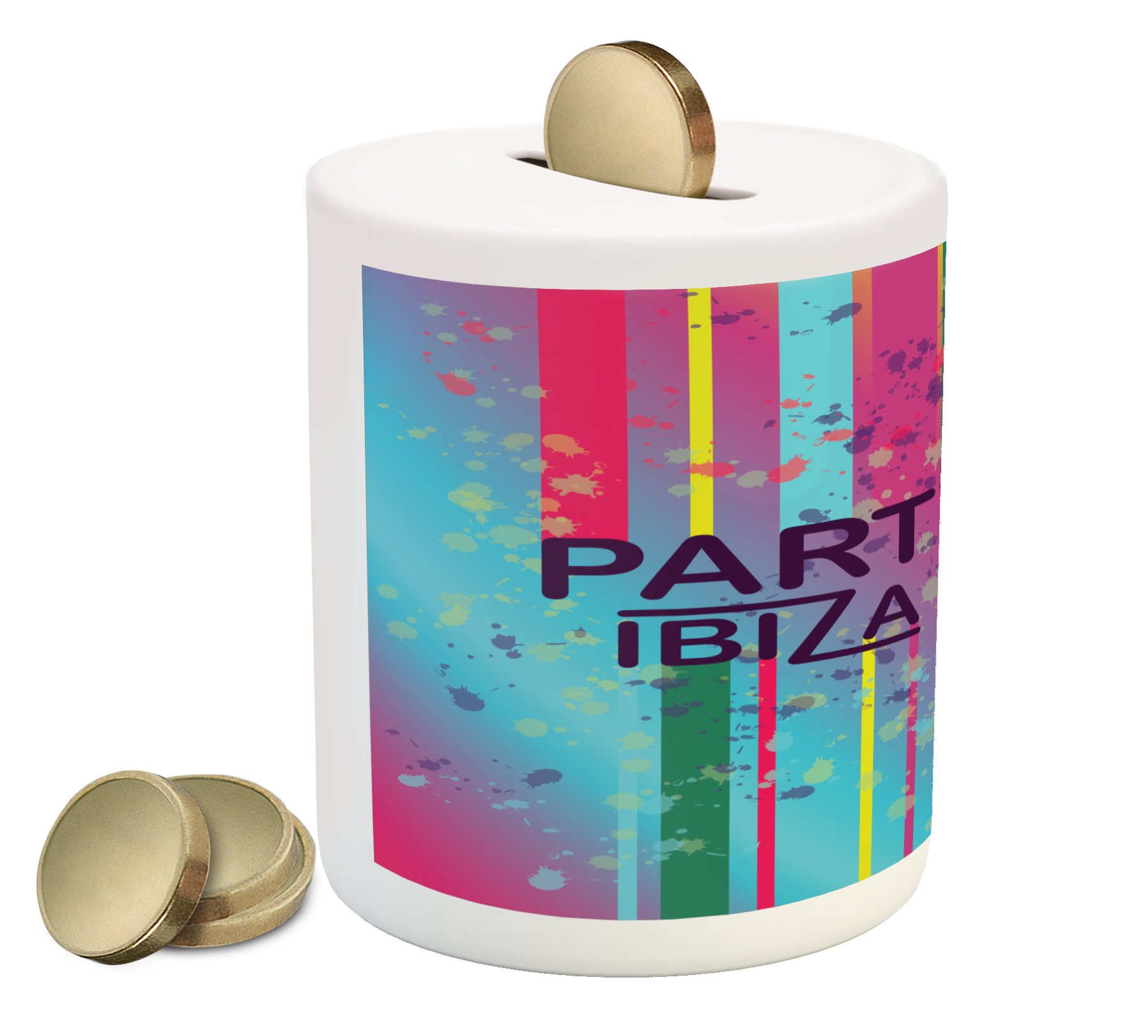Lunarable Ibiza Piggy Bank - Rainbow Grunge Paint Splashes Ceramic Money Box for Cash Savings | Party & Summer Festival Design | Perfect Gift for Kids, Teens & Collectors | Home Decor & Savings Jar for Coins & Bills