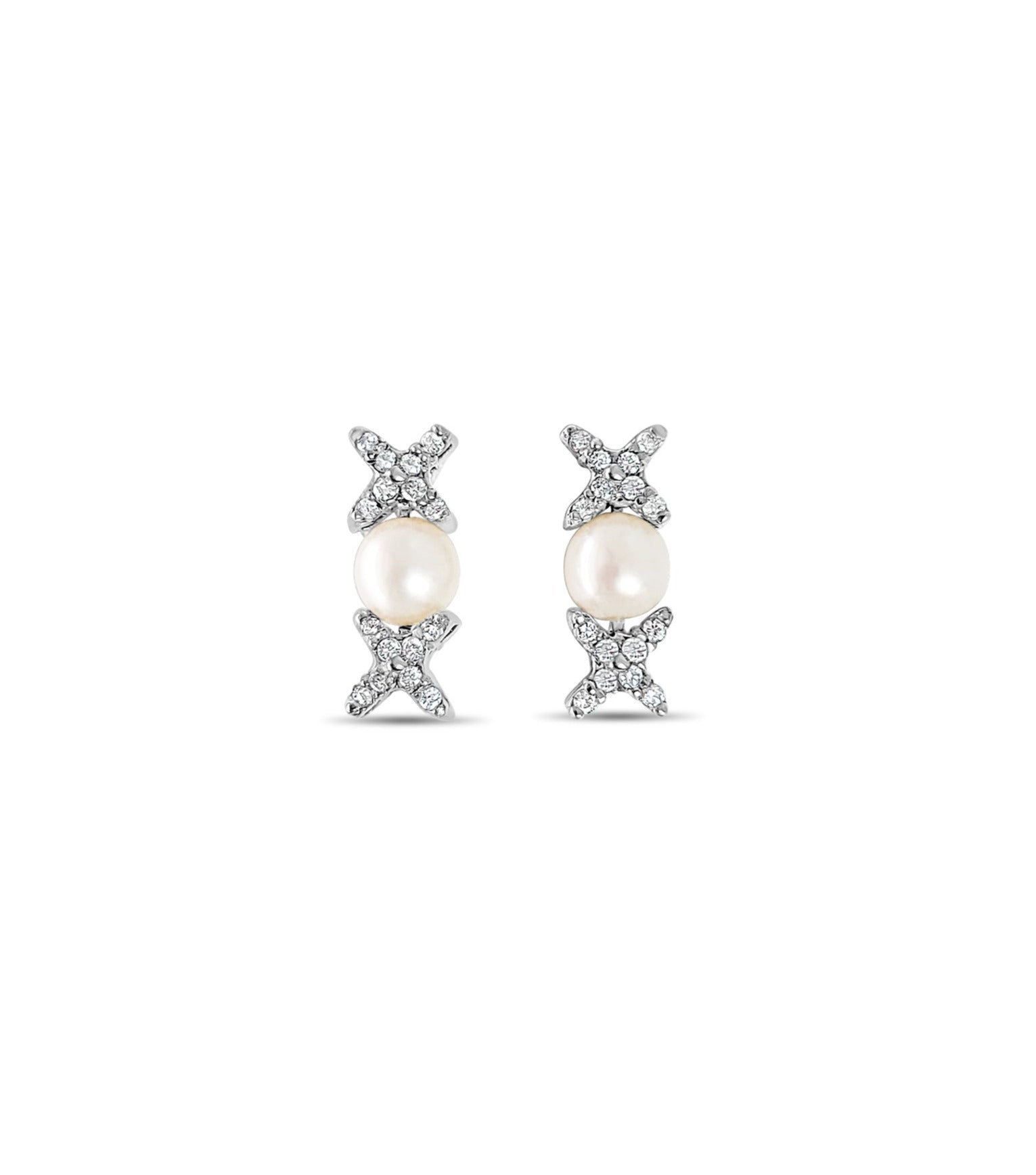 14K White Gold Freshwater Pearl & Diamond Drop XOXO Earrings - 0.75cttw, Elegant Gift for Women, Perfect for Weddings, Anniversaries & Special Occasions