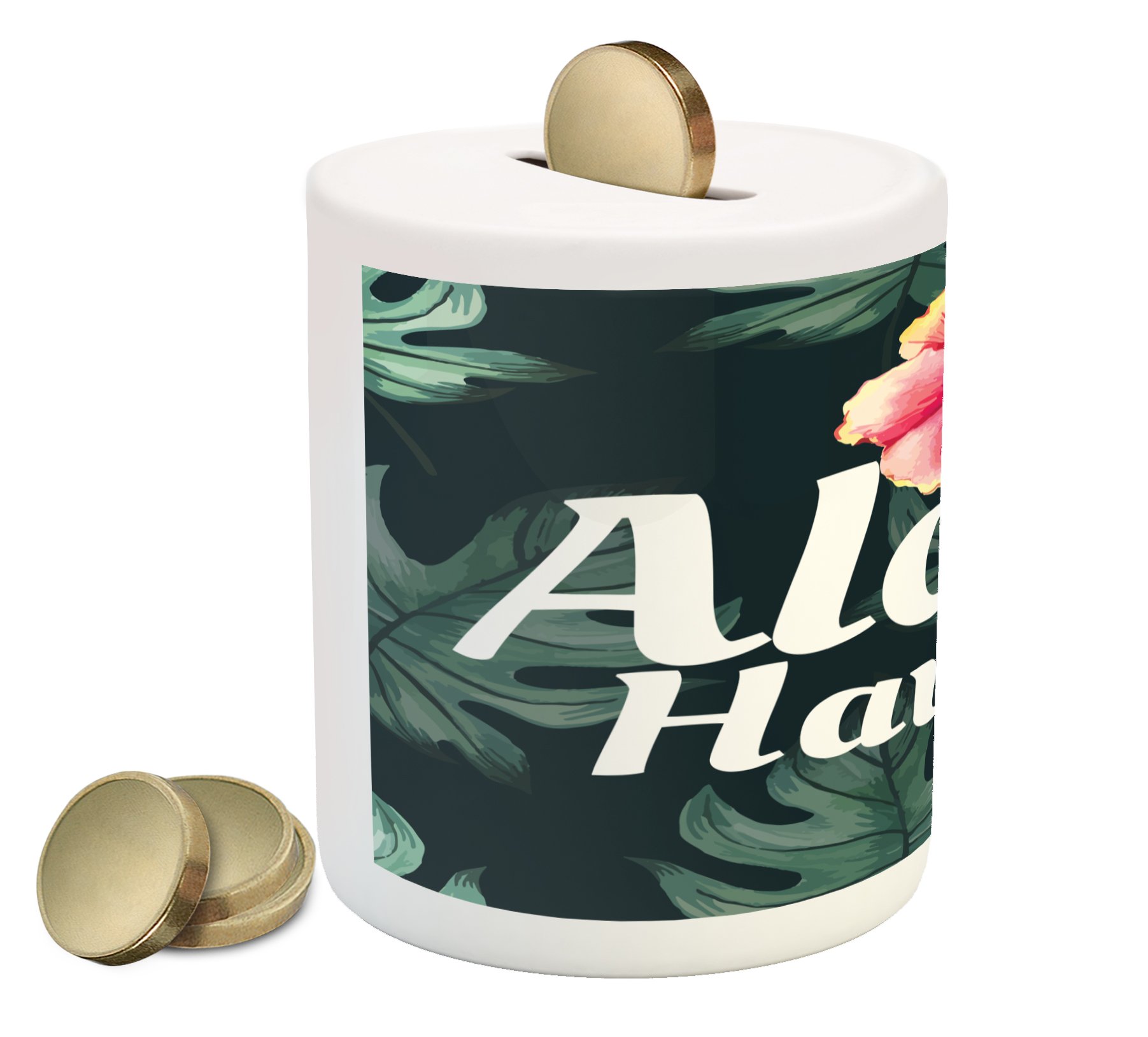 Lunarable Hawaiian Piggy Bank - Monstera Leaf Design Ceramic Money Box with Watercolor Effect for Cash Saving (Hunter Green, Pale Yellow & Pink) | Perfect Gift for Kids, Home Decor & Tropical Theme Parties