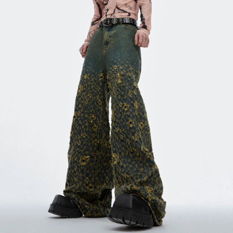 Vintage High Waist Straight Leg Jeans for Men - American Retro Wide Leg Casual Pants with Irregular Hole Design (Style 24E1290) | Perfect for Streetwear, Everyday Fashion & Urban Outfits