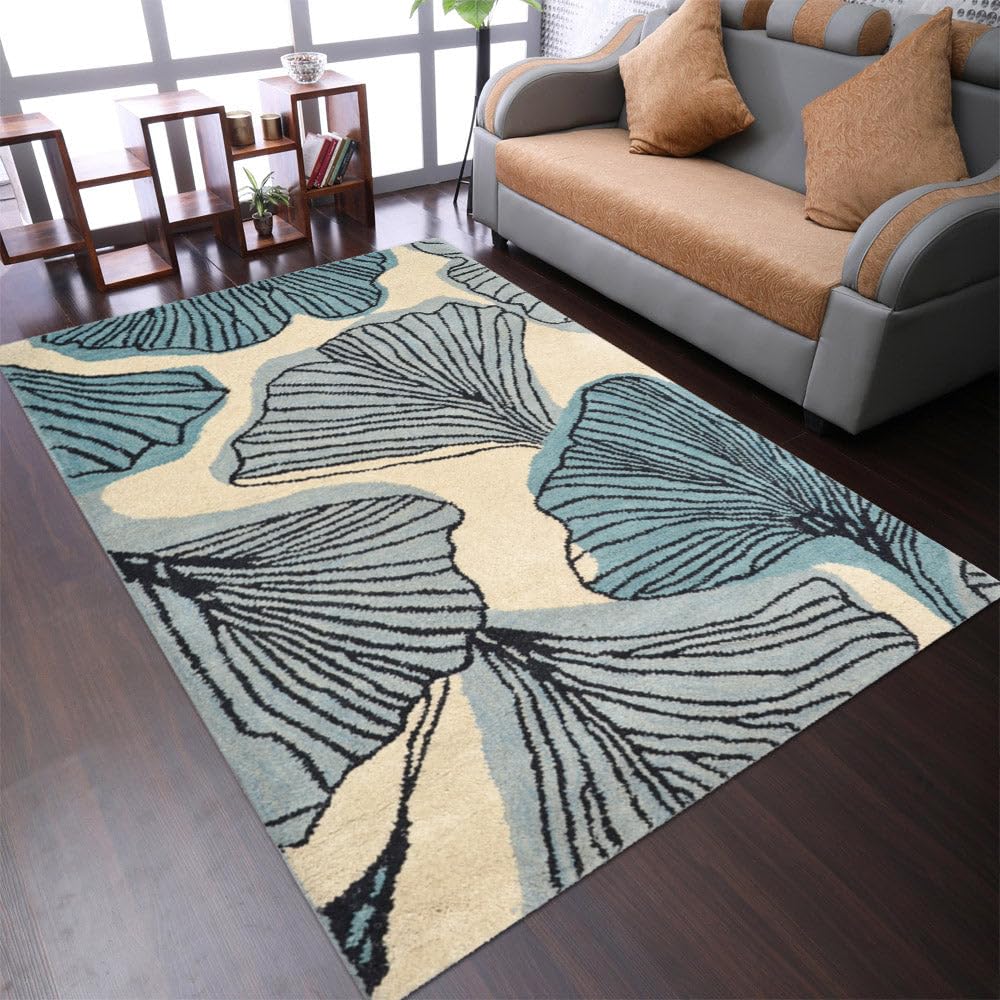 Hand Tufted Wool Eco-Friendly Area Rug 3x5 Feet - Rectangle Cream & Blue Floral Modern Design, High Pile Thick Handmade Living Room & Bedroom Rug - Soft & Durable for Home Decor, Office, Nursery (K00662)