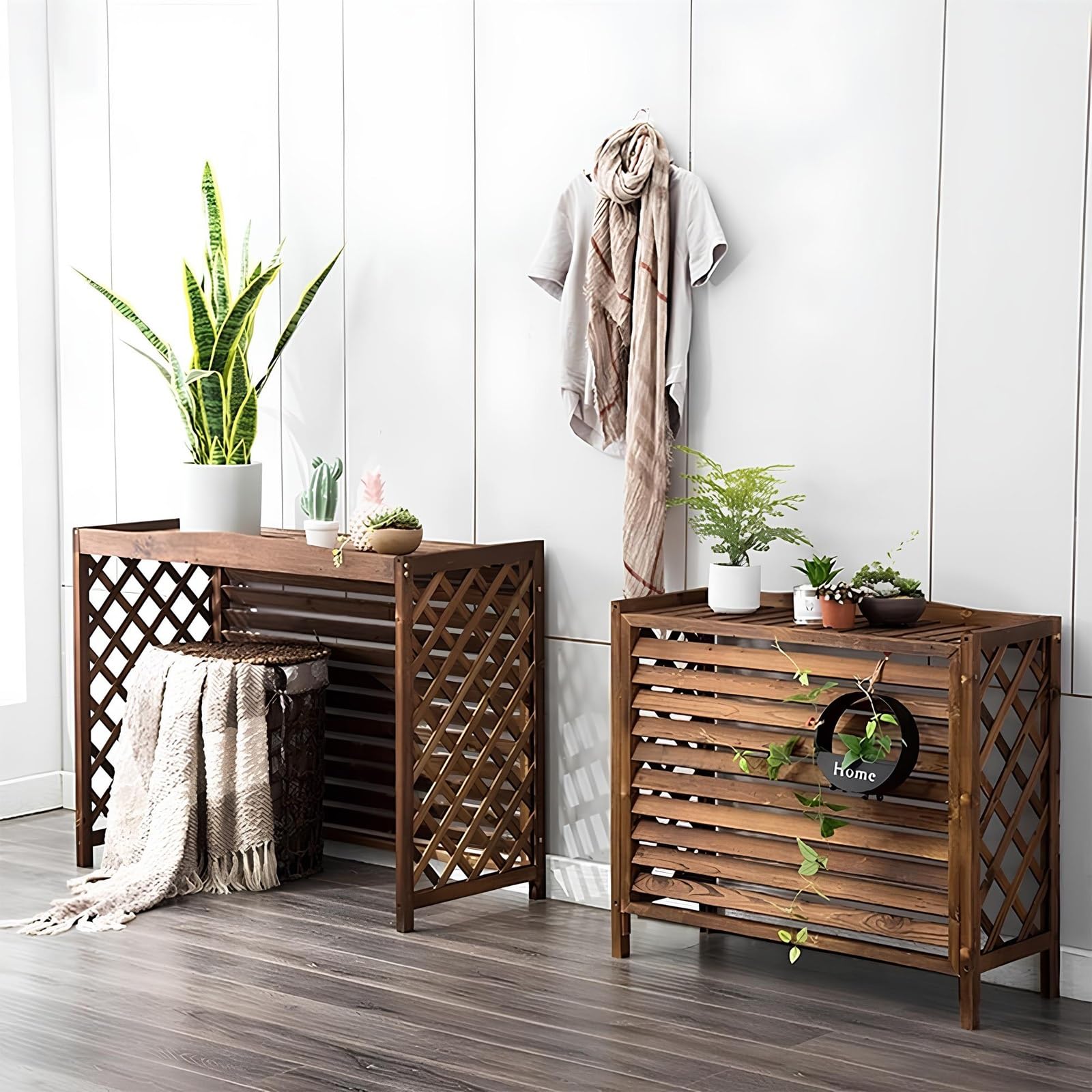 Wooden AC Unit Cover Outdoor - Air Conditioner Privacy Screen & Freestanding Fence to Hide AC Unit - Decorative Plant Display Shelf for Patio, Garden, and Backyard Storage