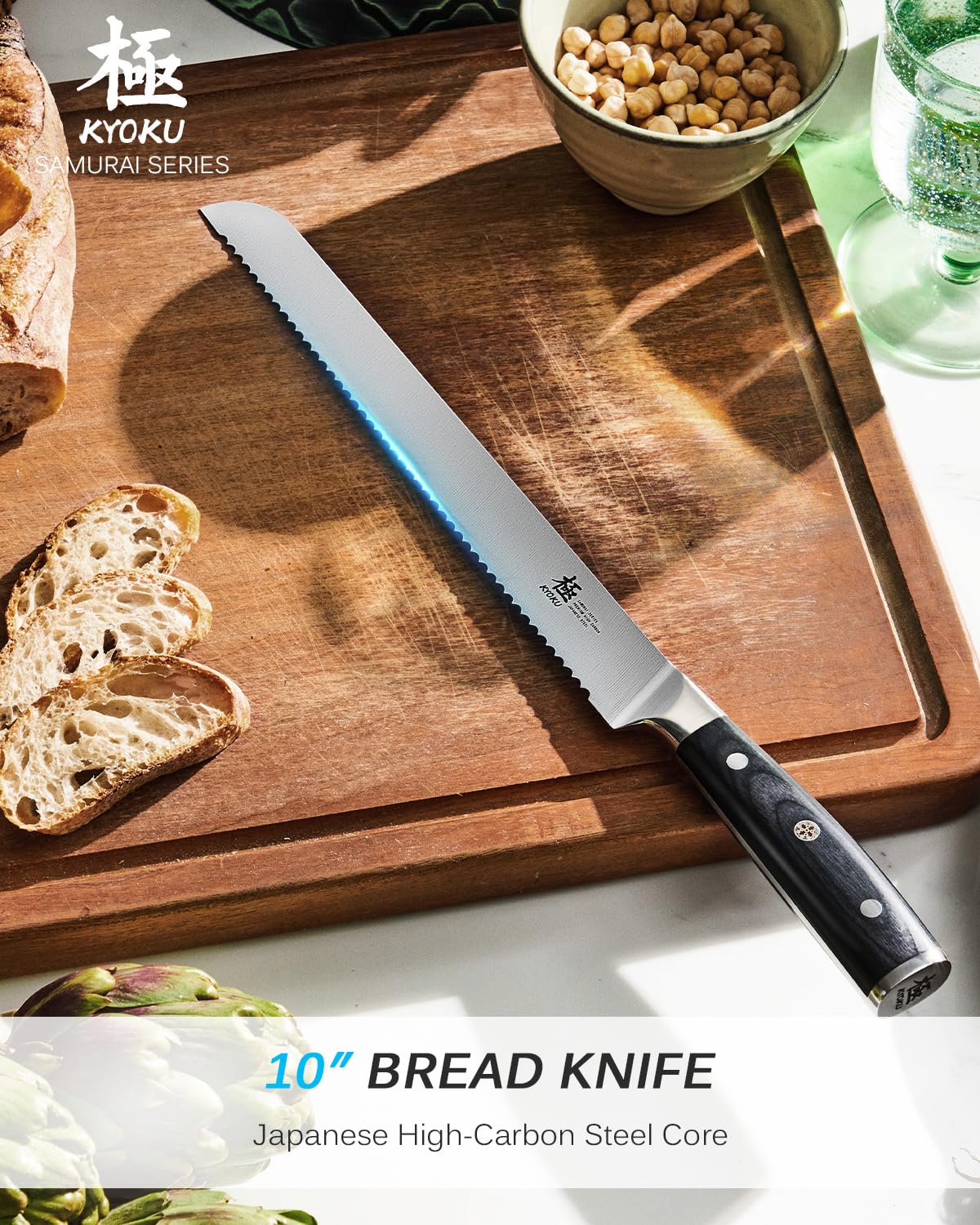 KYOKU 10-Inch Serrated Bread Knife - Japanese High Carbon Steel Samurai Series Knife for Slicing Homemade Bread, Pastries & Cakes | Pakkawood Handle, Full Tang Design with Protective Sheath | Perfect for Bakeries, Home Kitchens & Professional Chefs