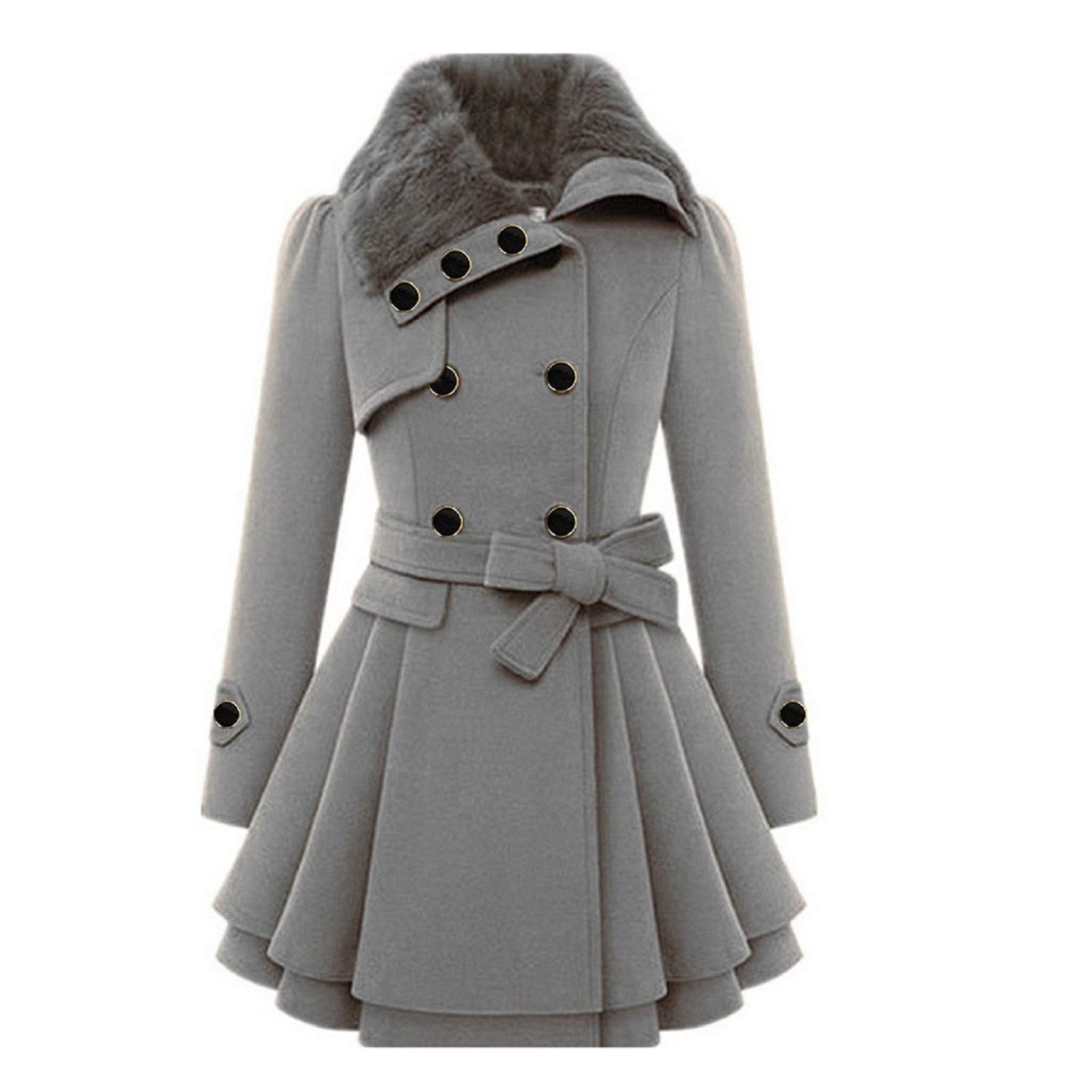 Women's Double Breasted Wool Pea Coat with Belt - Mid-Long Lapel Swing Coat for Spring - Clearance Sale | Perfect for Office, Dating & Outdoor Events