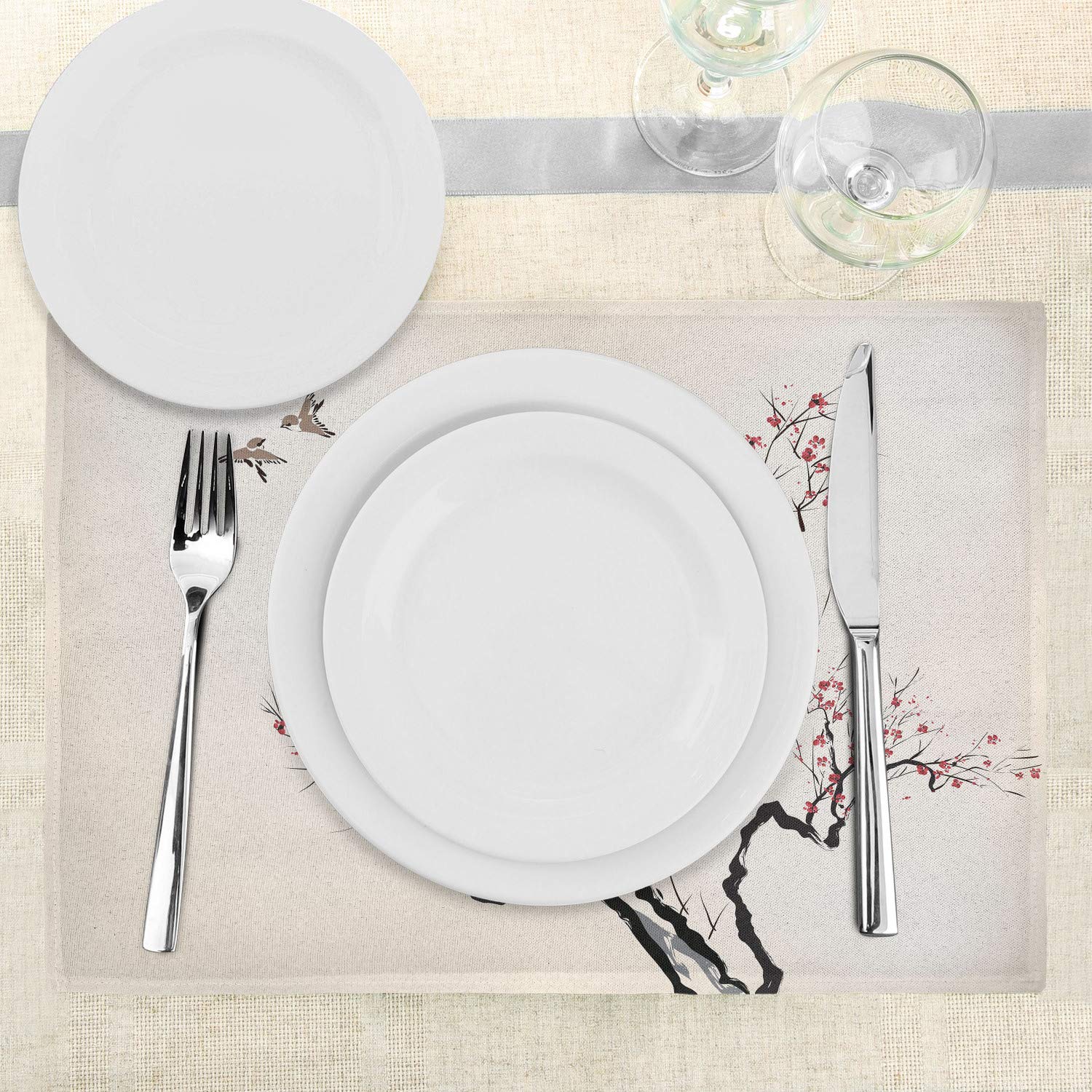 Ambesonne Floral Place Mats Set of 4 - Classic Paint Style Artwork with Flower Branches, Blossom & Flying Birds Pattern - Washable Fabric Table Mats for Dining Room & Kitchen Decor in Grey White - Perfect for Dinner Parties, Holiday Gatherings & Everyday Meals